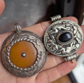 Handmade Tibetan Medallion Pendant with Amber and Black Onyx Inlay (p6-018)