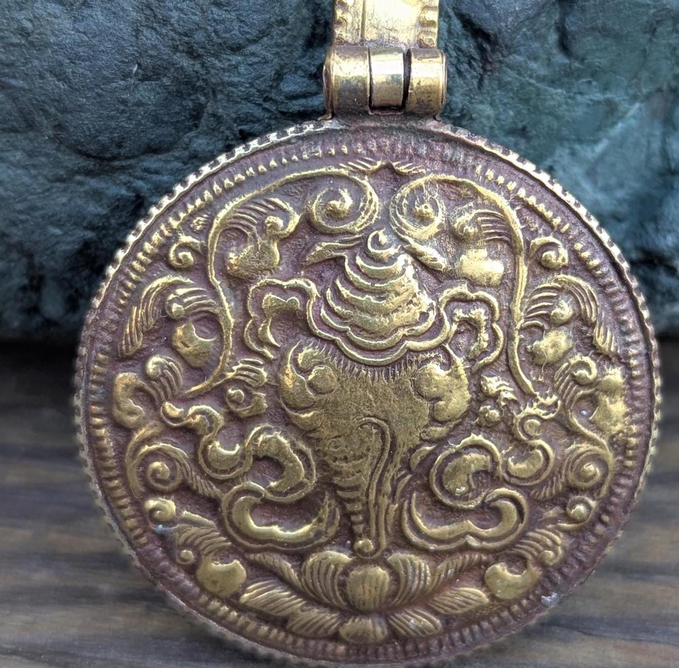 Vintage Tibetan Tashi Tagye Brass Medallion Pendant (p6-020)