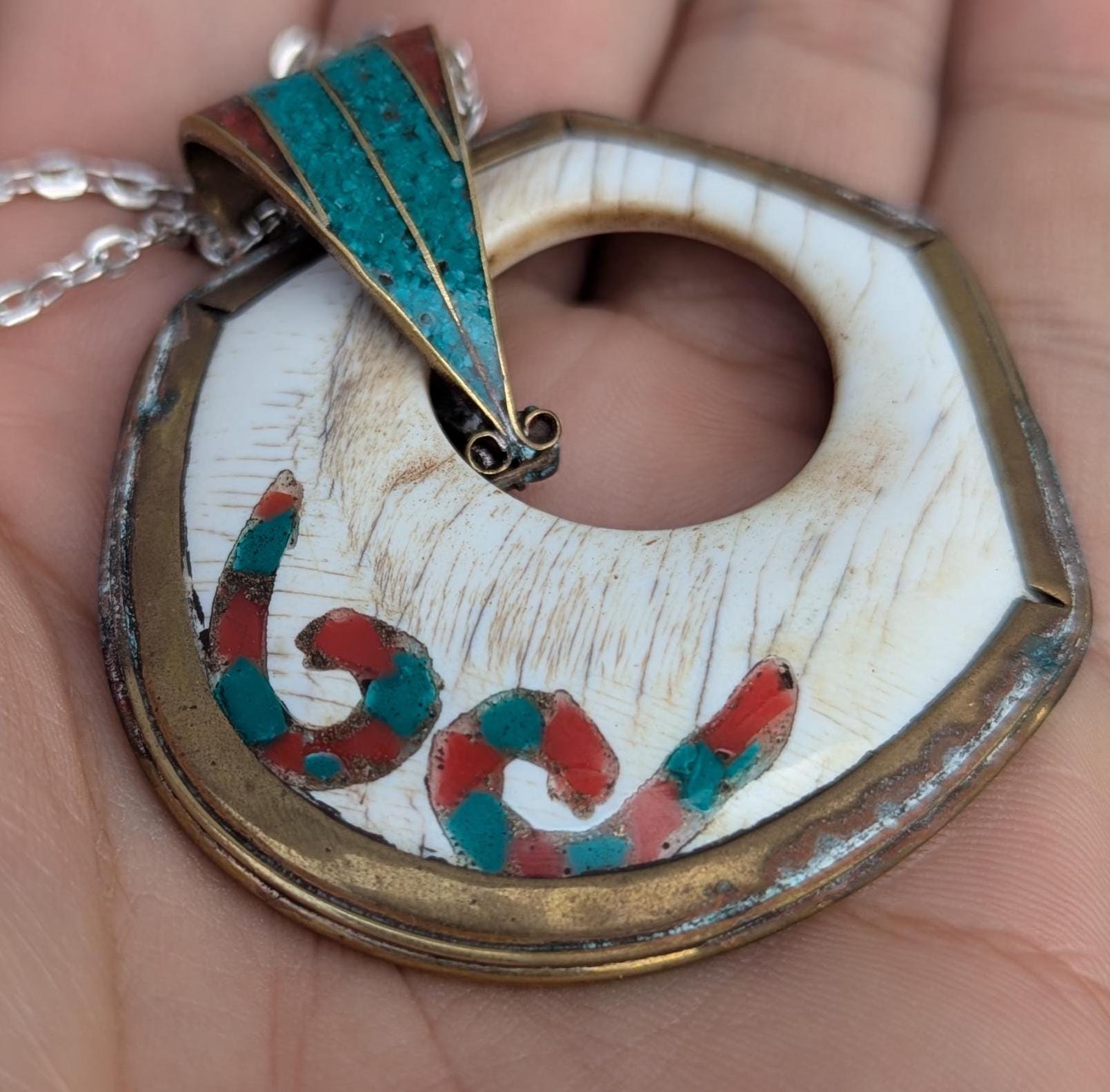Uniquely Designed Tibetan Brass Medallion Pendant with Turquoise and Coral inlay (p6-022)