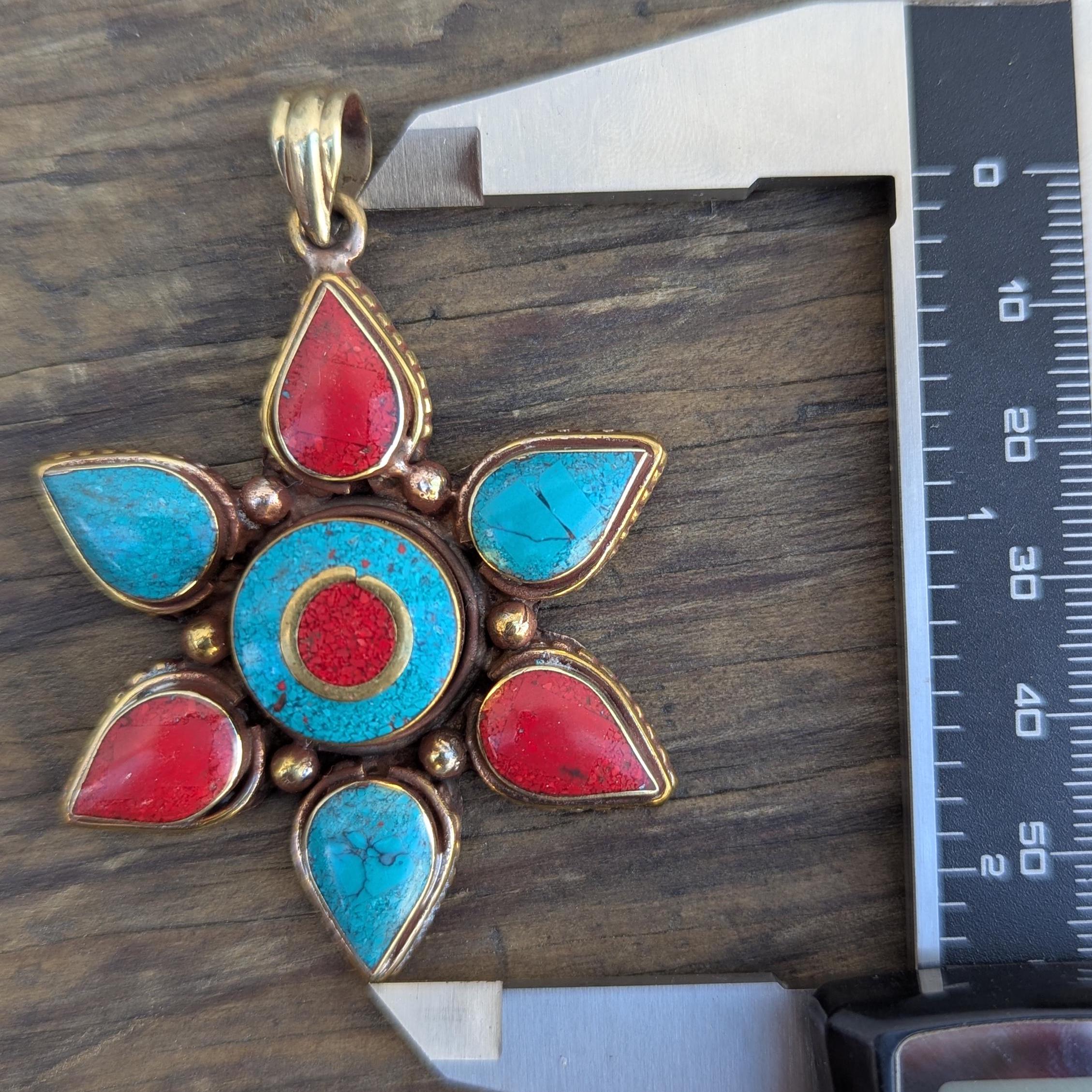 Tibetan Turquoise and Red coral Inlaid Ethnic pendant (p6-024)