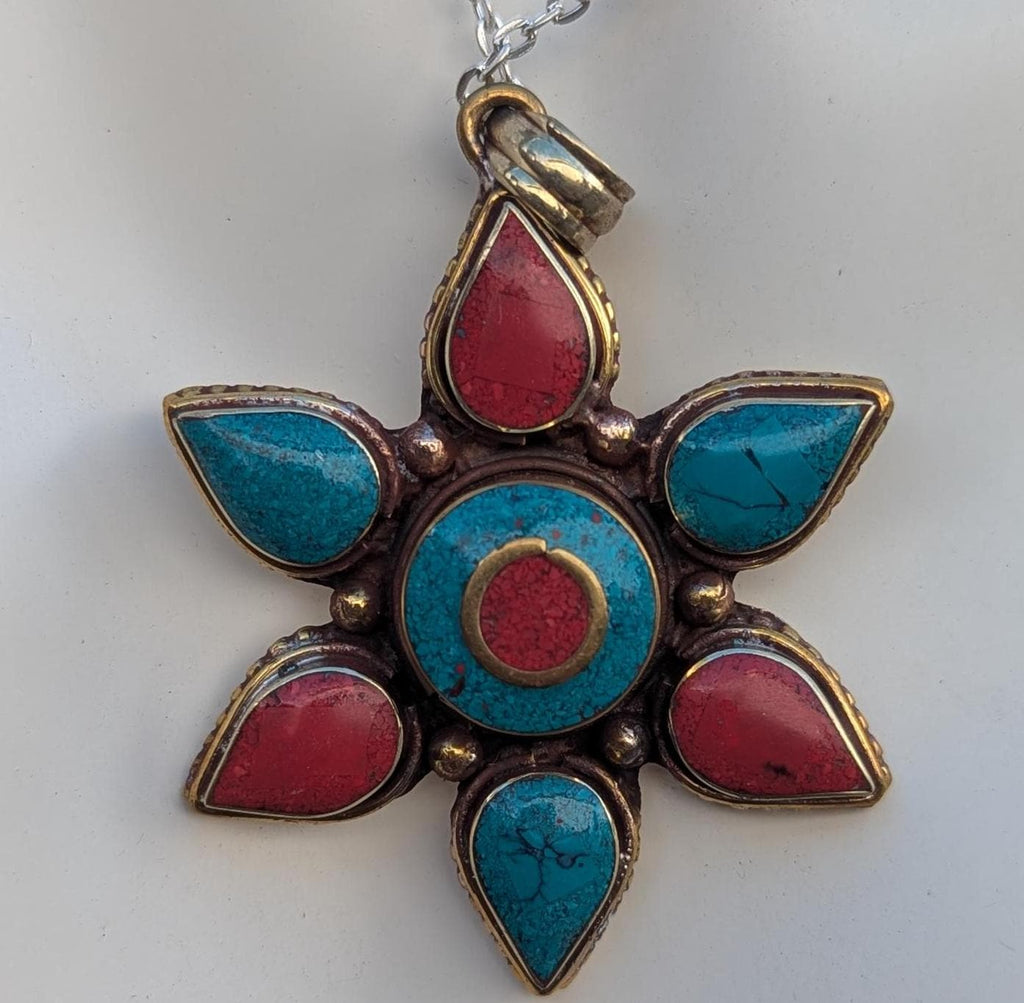 Tibetan Turquoise and Red coral Inlaid Ethnic pendant (p6-024)