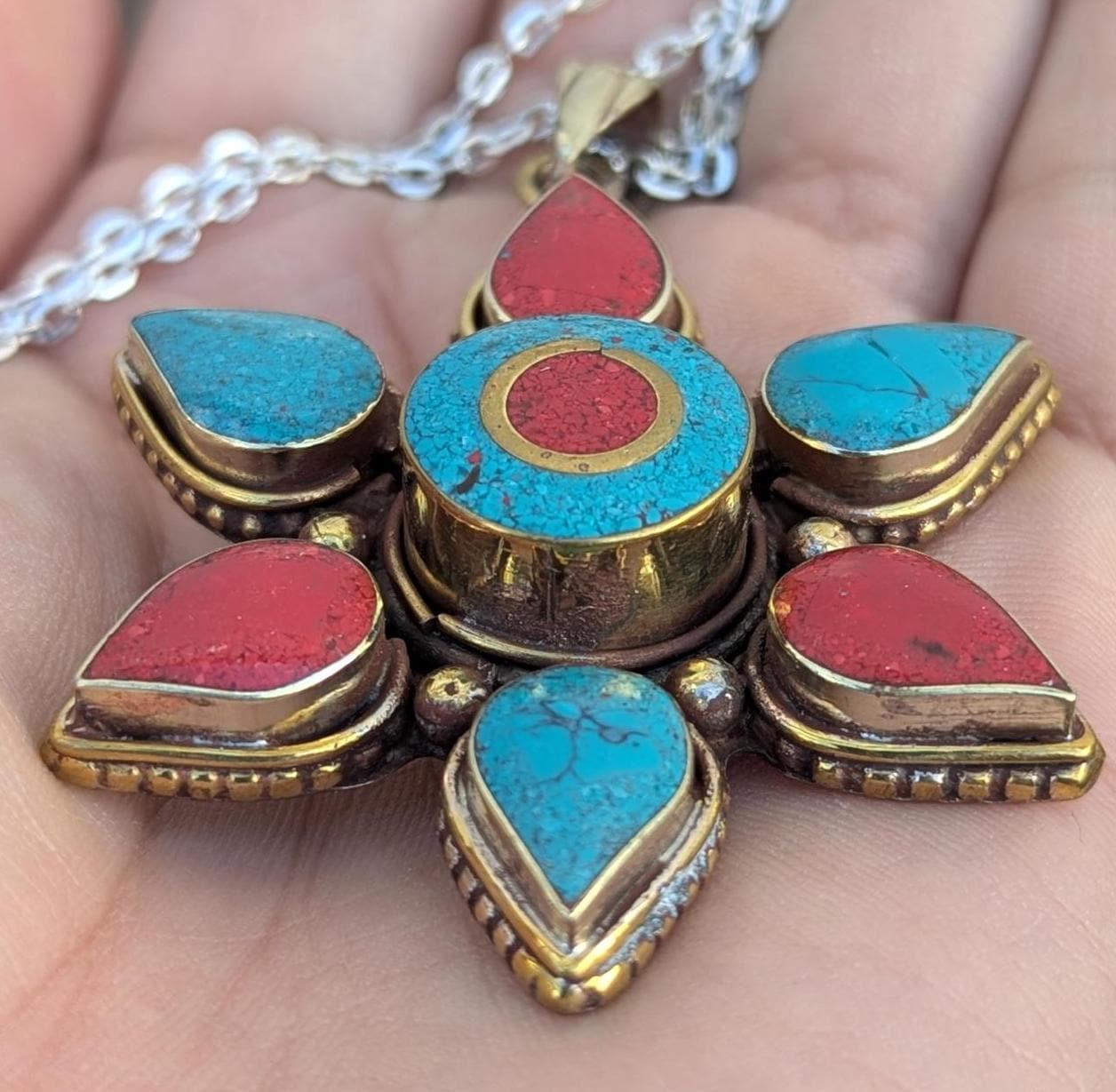 Tibetan Turquoise and Red coral Inlaid Ethnic pendant (p6-024)