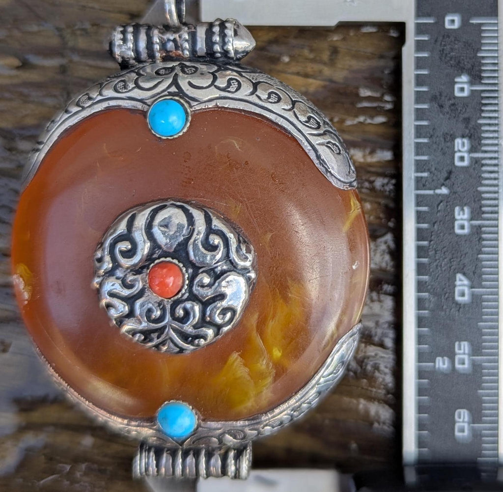Tibetan Amber Medallion Pendant: Turquoise & Coral Inlay (P5)