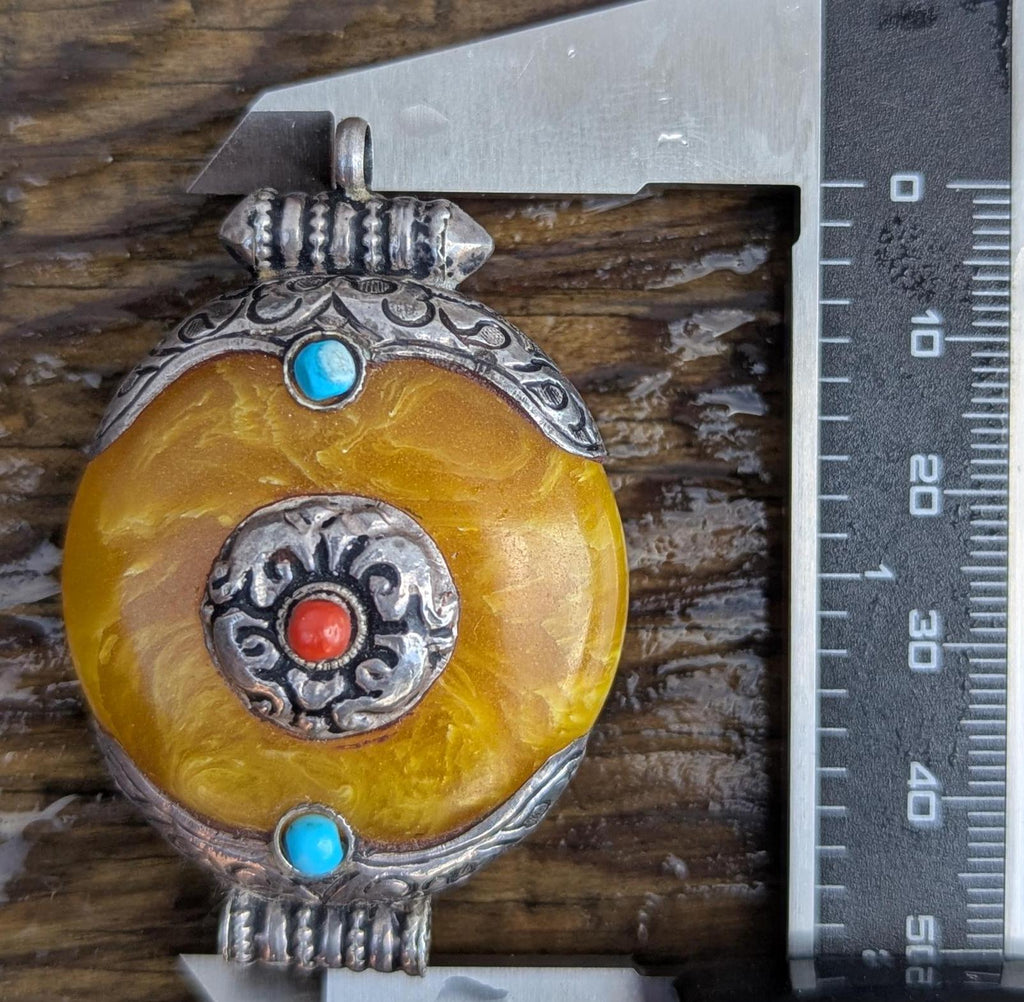 Tibetan Amber Medallion Pendant: Turquoise & Coral Inlay (P5)