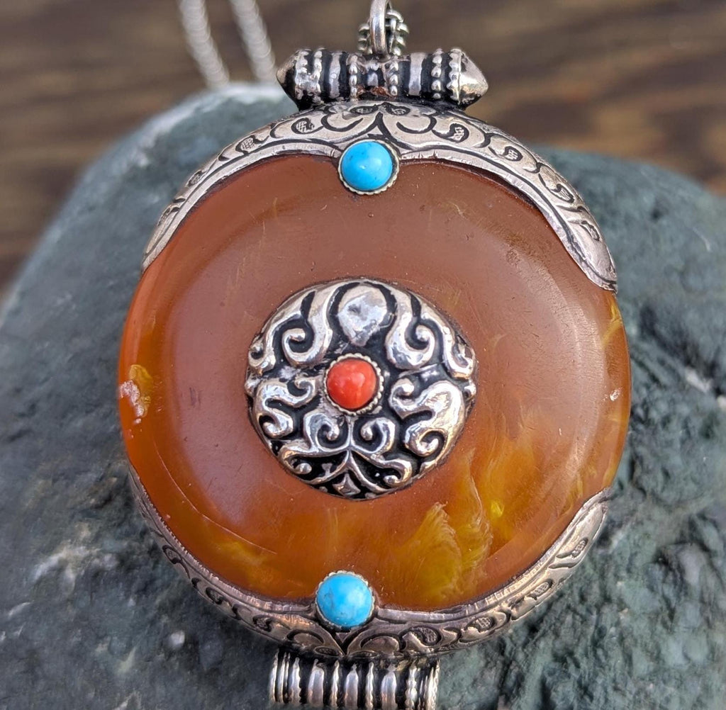 Tibetan Amber Medallion Pendant: Turquoise & Coral Inlay (P5)