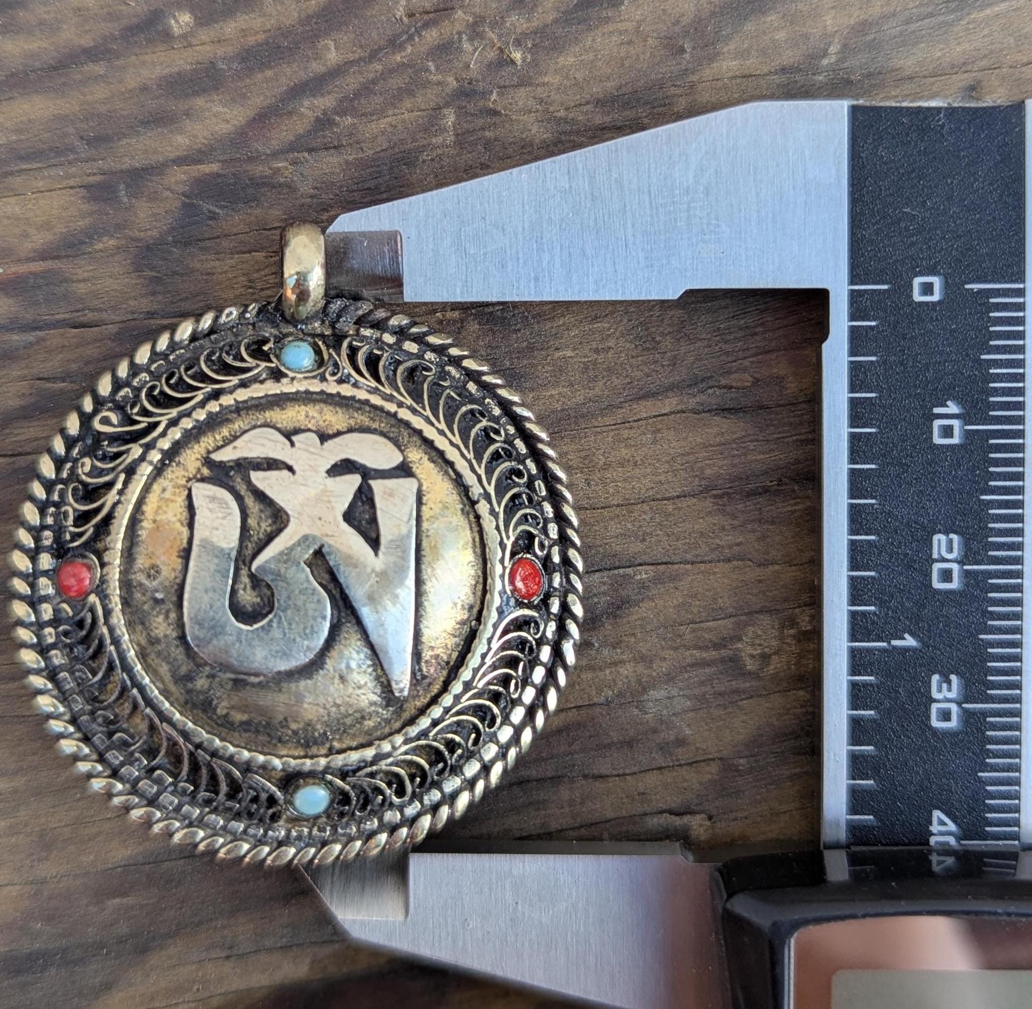 Tibetan Ethnic Om Brass with Turquoise medallion pendant  (p6-028)