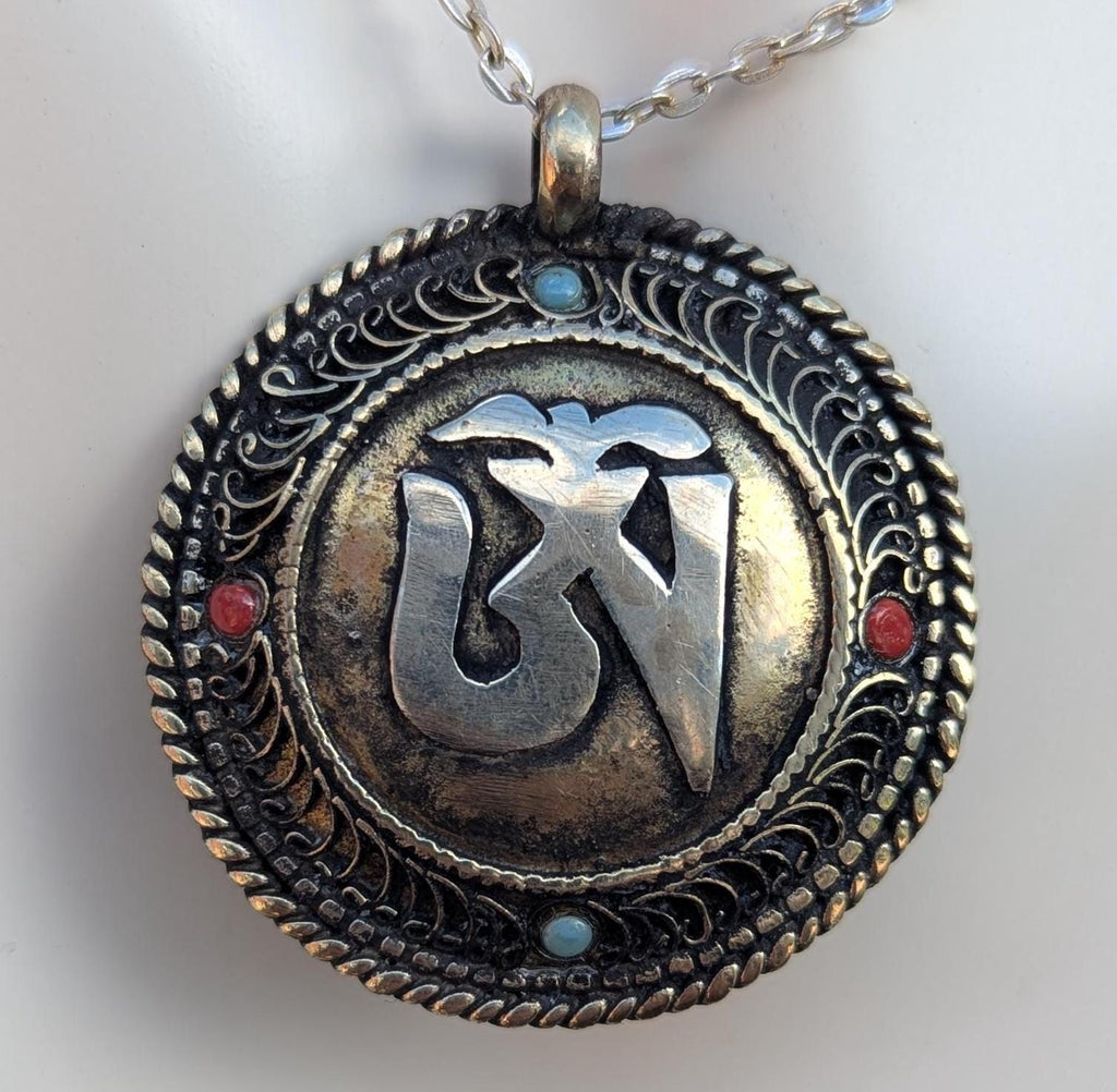 Tibetan Ethnic Om Brass with Turquoise medallion pendant  (p6-028)