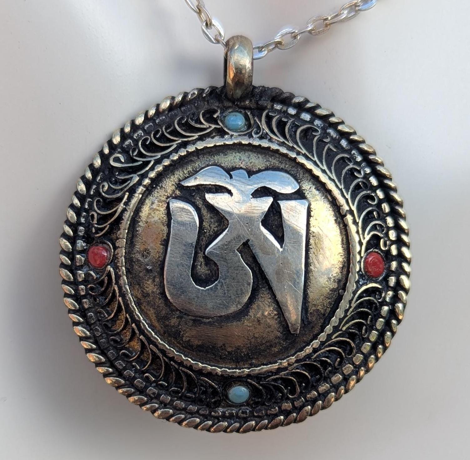 Tibetan Ethnic Om Brass with Turquoise medallion pendant  (p6-028)