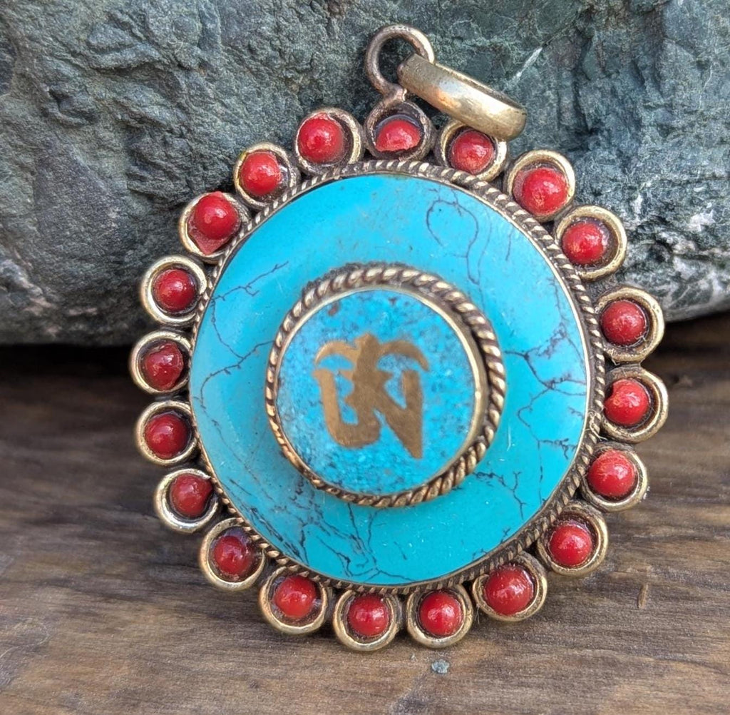 Tibetan Ethnic Om Brass with Turquoise medallion pendant  (p6-028)