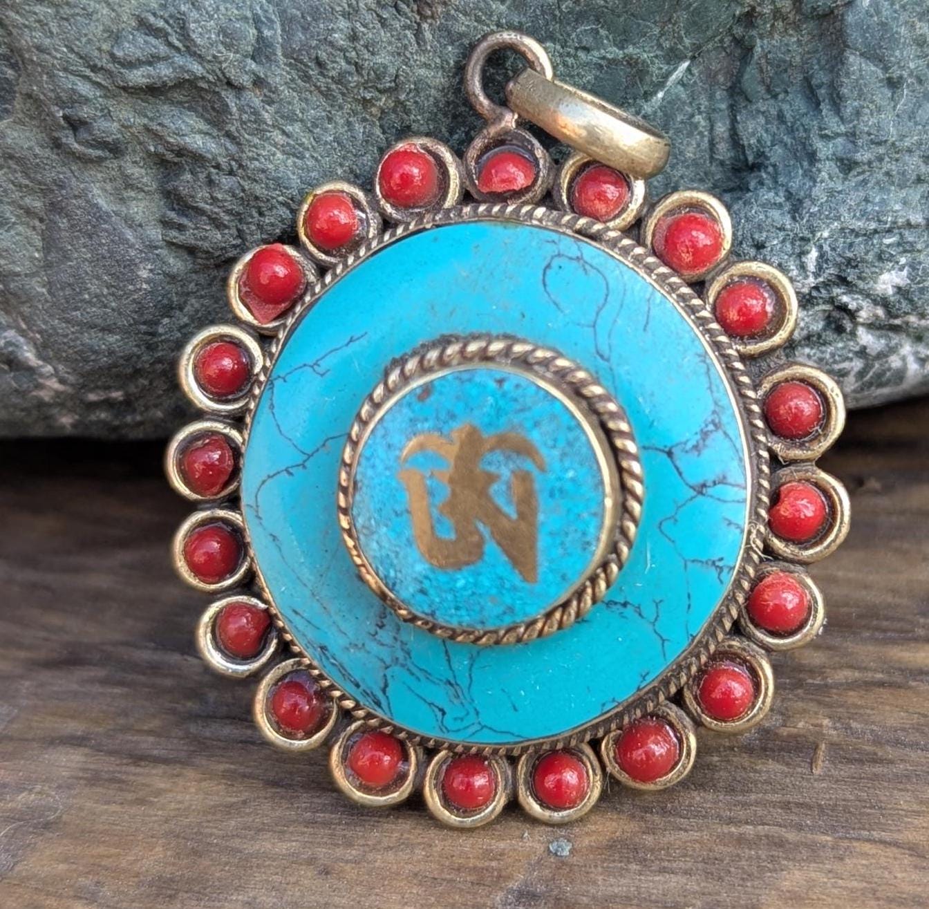Tibetan Ethnic Om Brass with Turquoise medallion pendant  (p6-028)