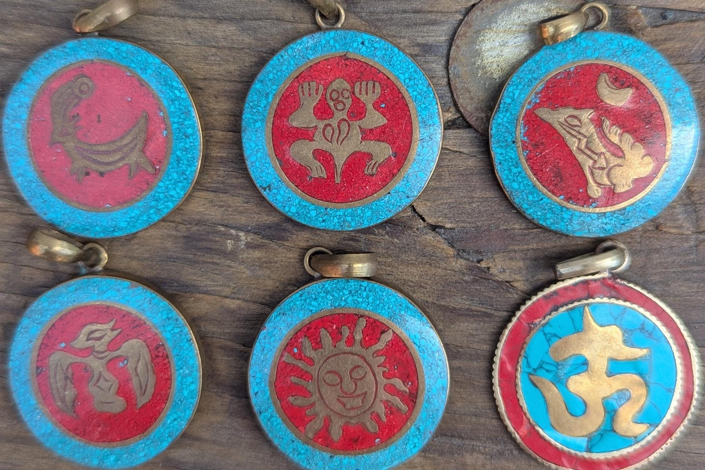 Handmade Vintage Turquoise and coral inlay collection with motifs (p6-029)