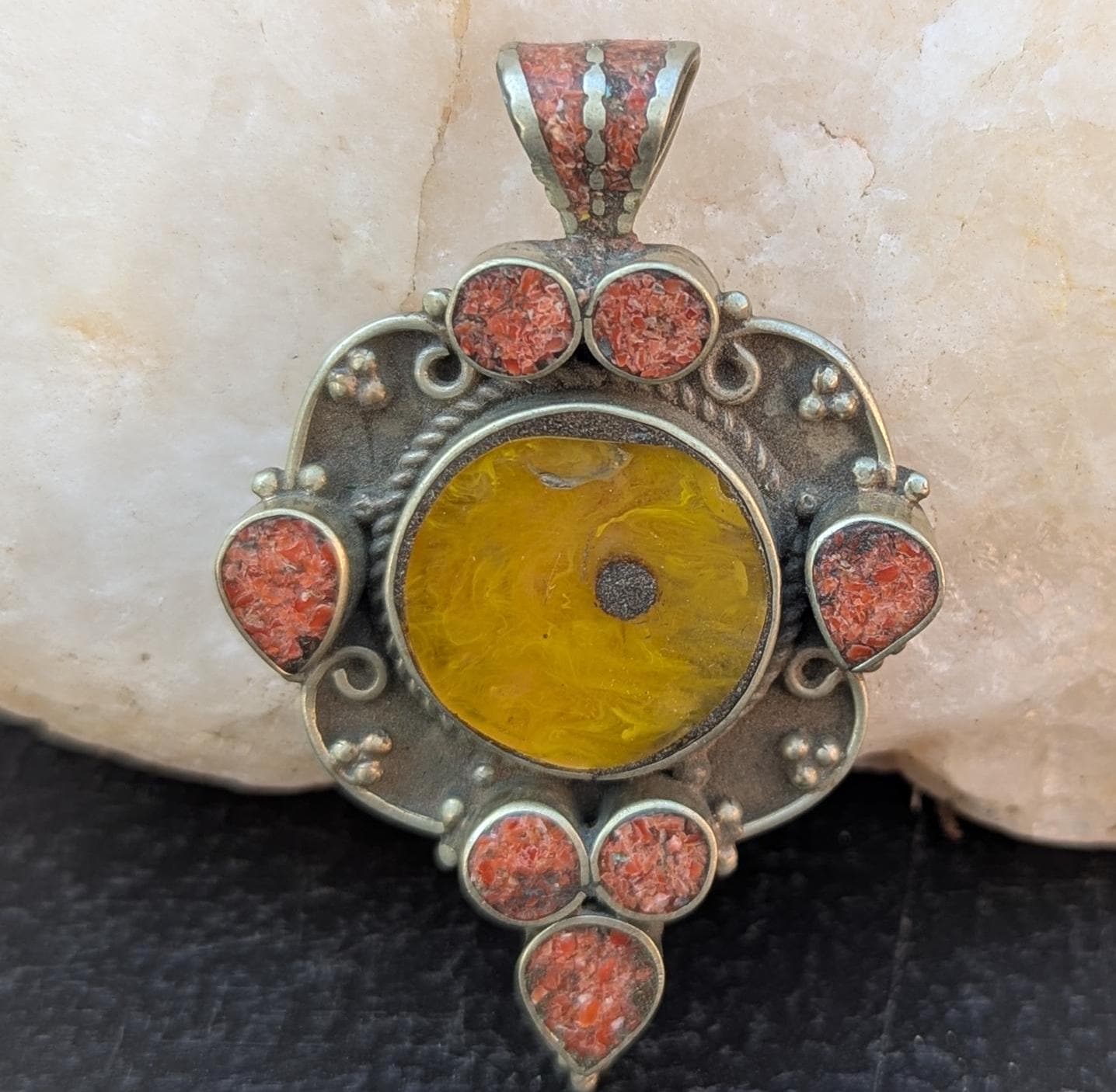 Handmade Vintage Tibetan Amber Amulet pendant with Turquoise and coral inlay (p6-030)