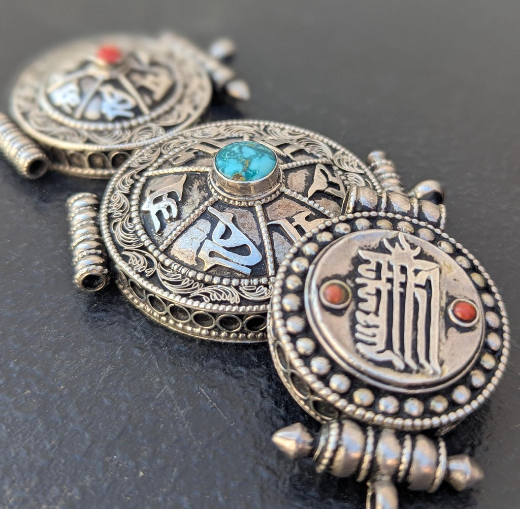 Tibetan Ethnic Sanskrit Mantra Pendant Collection in silver with turquoise and coral medallions (p6-033)