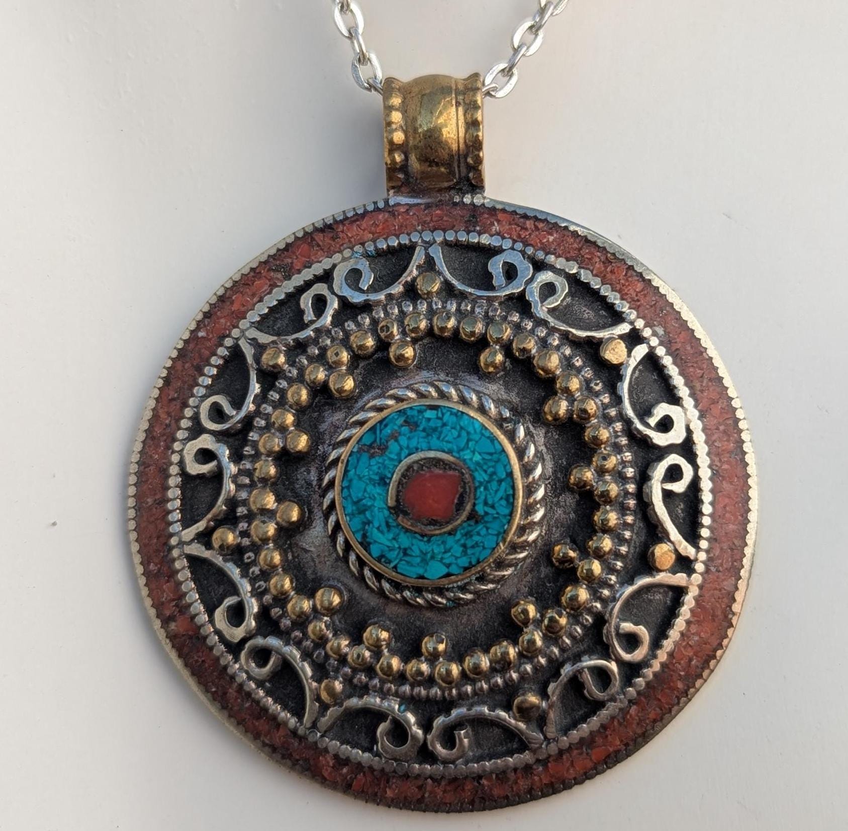 Handmade Tibetan Vintage brass amulet pendant with turquoise and coral stones (p6-035)