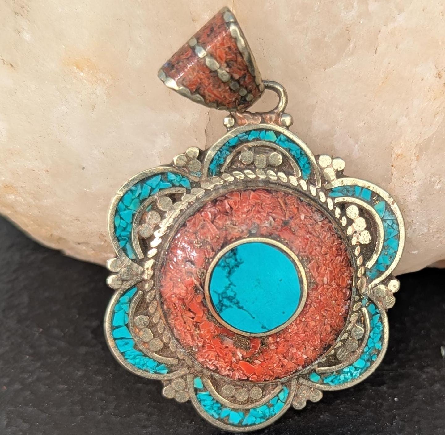 Handmade Tibetan Vintage brass amulet pendant with turquoise and coral stones (p6-035)