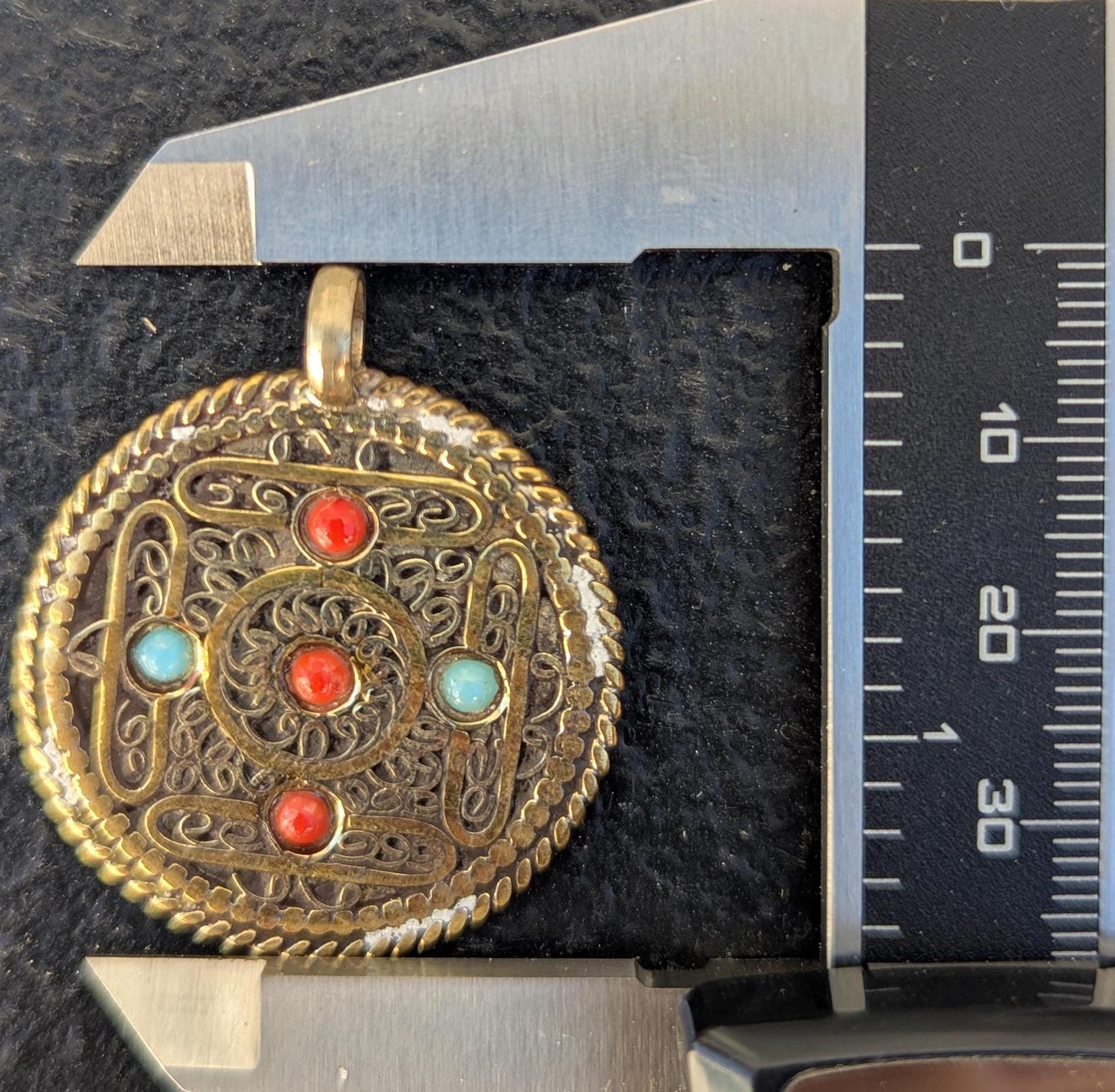 Vintage brass amulet pendant with turquoise and coral stones (p6-036)