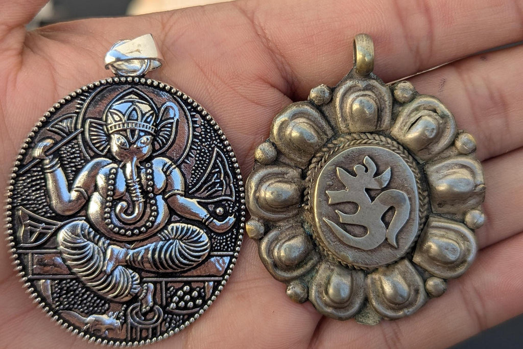 Handmade Om and Ganesha Brass medallion amulet pendant (p6-037)
