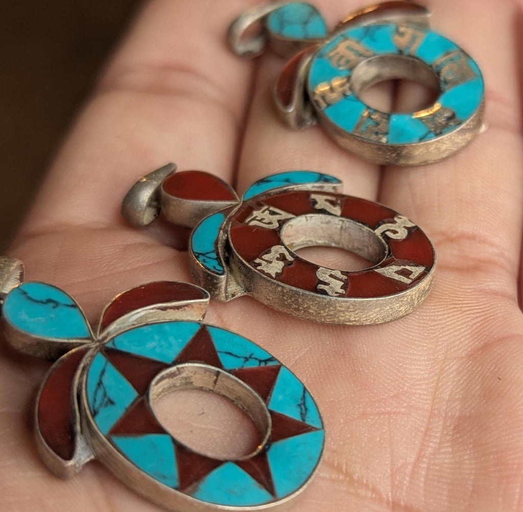 Tibetan handmade turquoise and coral silver om mani padme hum pendant collection (p7-001)