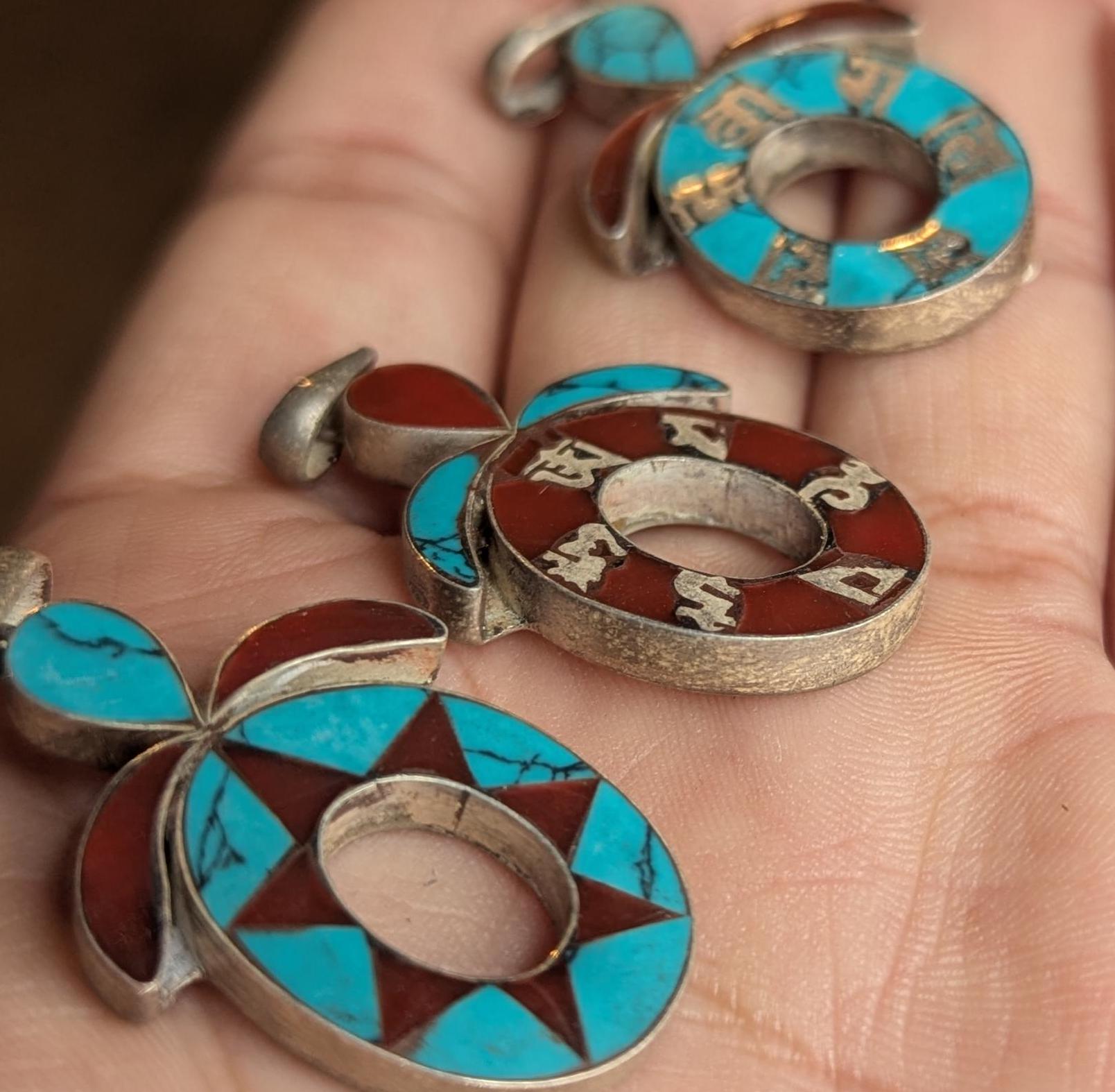 Tibetan handmade turquoise and coral silver om mani padme hum pendant collection (p7-001)