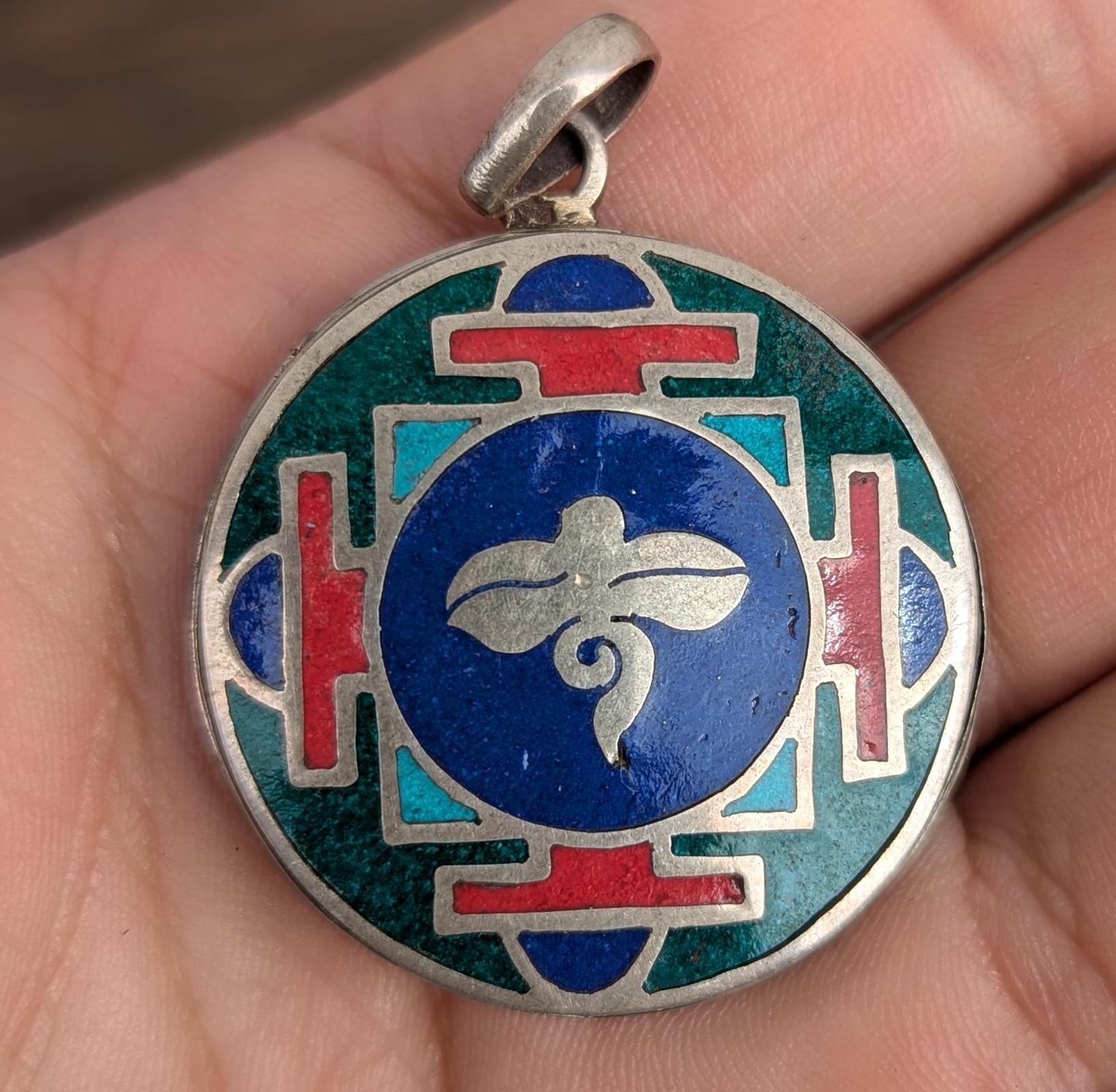 Handmade turquoise and coral silver om mani padme hum medallion pendant collection (p7-003)