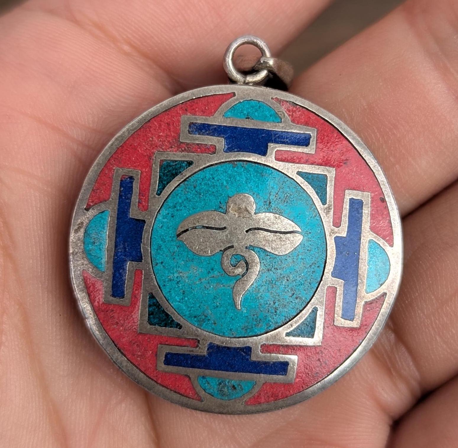 Handmade turquoise and coral silver om mani padme hum medallion pendant collection (p7-003)