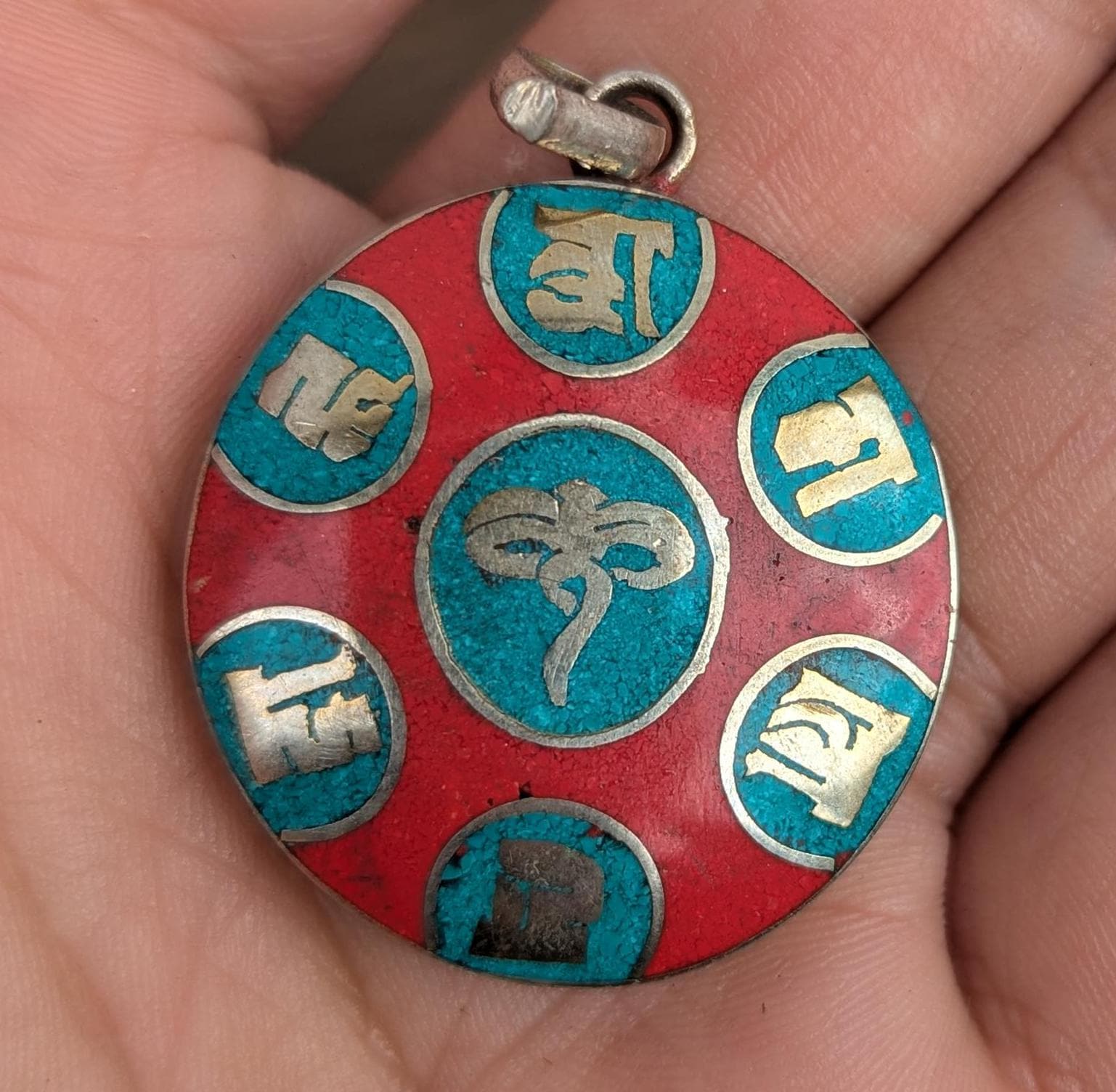 Handmade turquoise and coral silver om mani padme hum medallion pendant collection (p7-003)