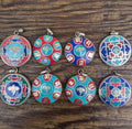 Handmade turquoise and coral silver om mani padme hum medallion pendant collection (p7-003)