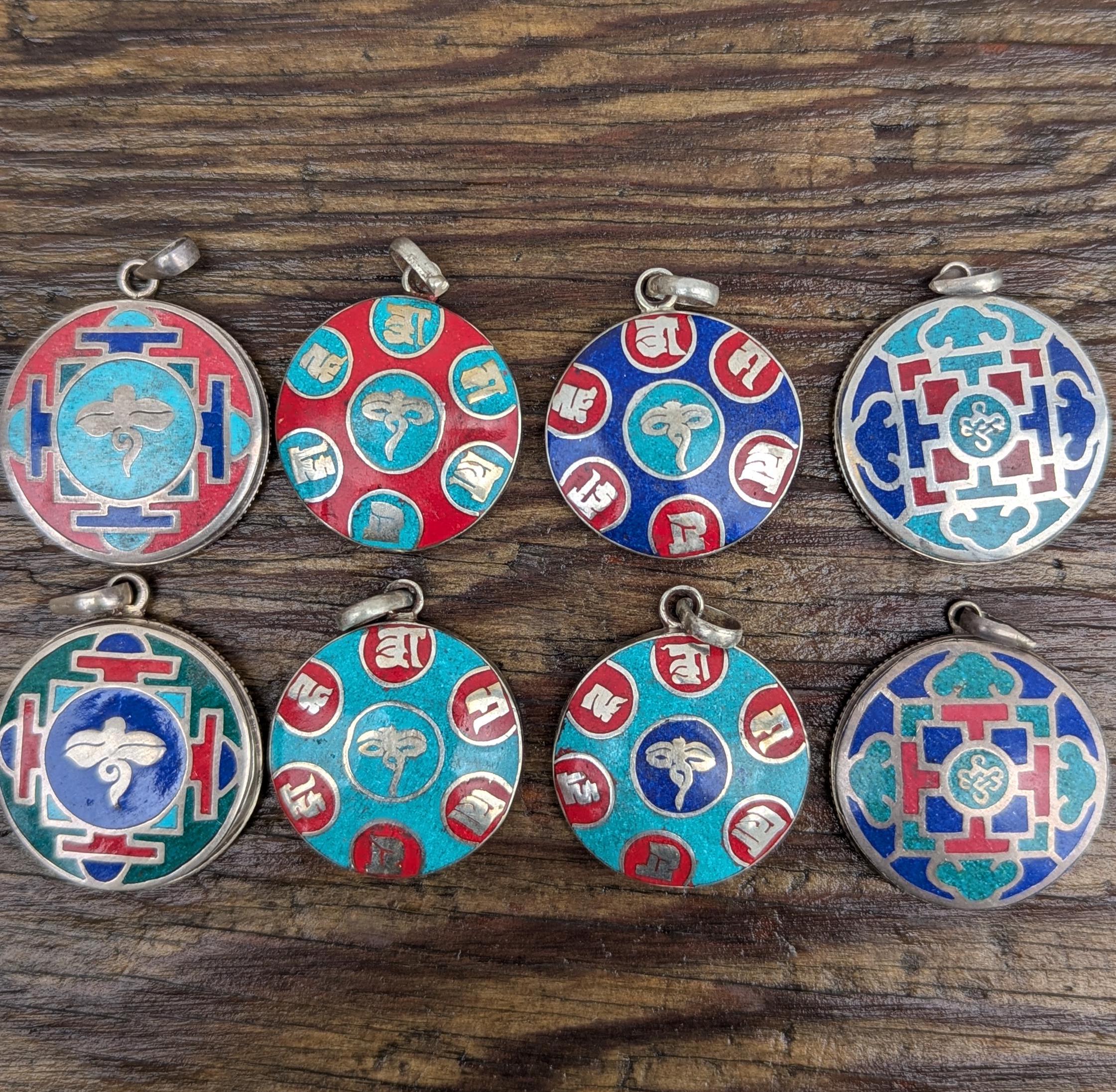 Handmade turquoise and coral silver om mani padme hum medallion pendant collection (p7-003)