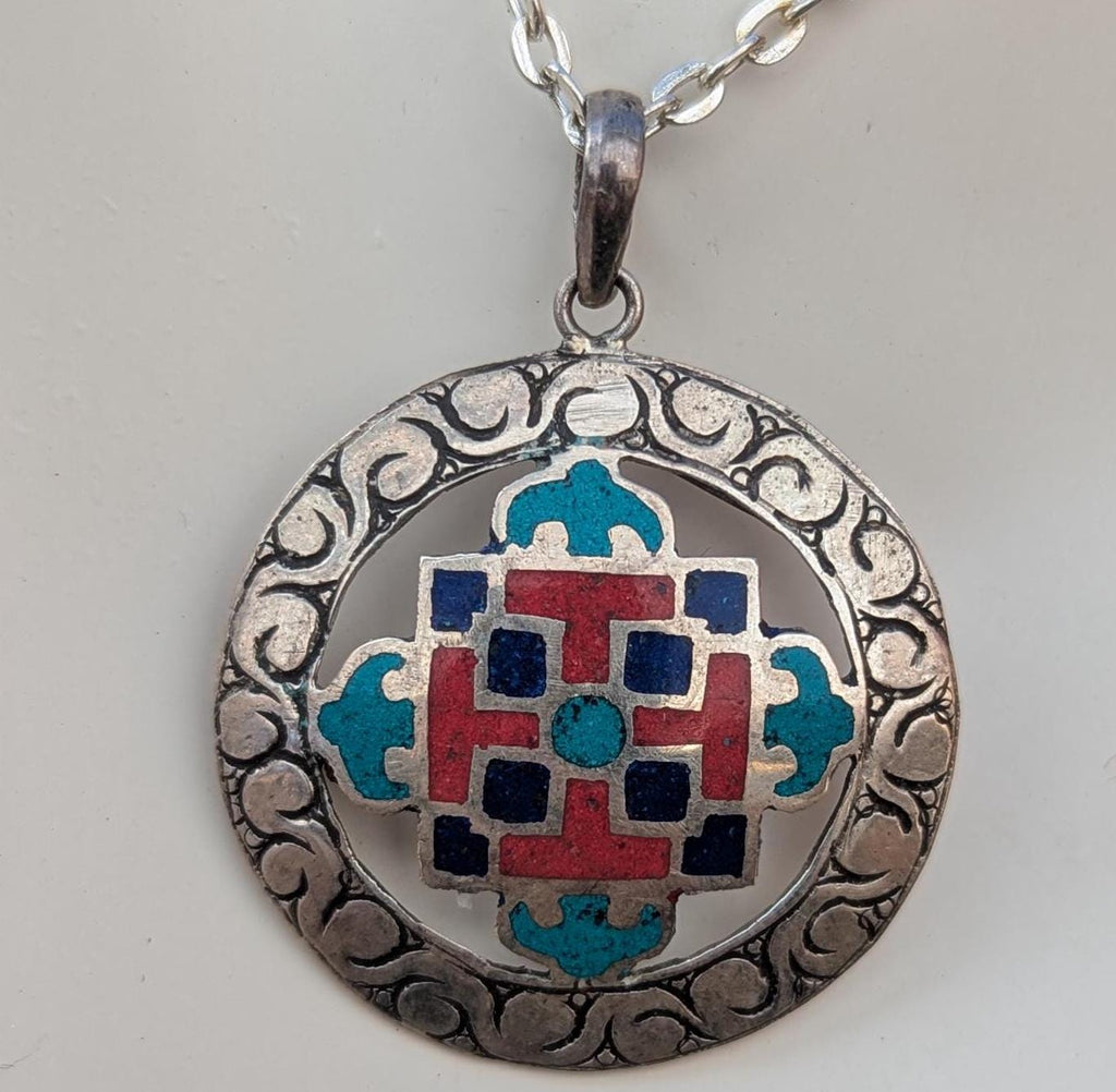 Handmade turquoise and coral silver ethnic Dorjee medallion pendant collection (p7-005)