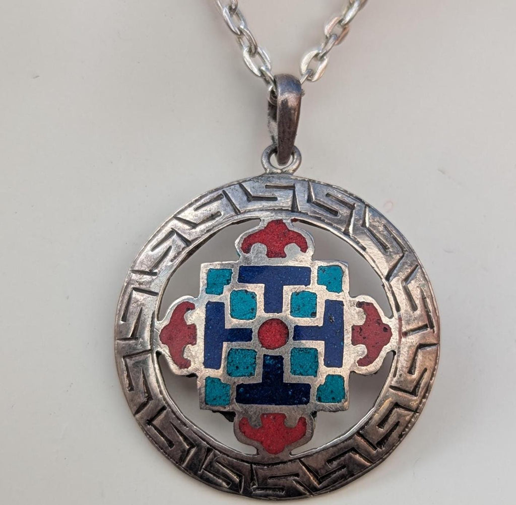 Handmade turquoise and coral silver ethnic Dorjee medallion pendant collection (p7-005)