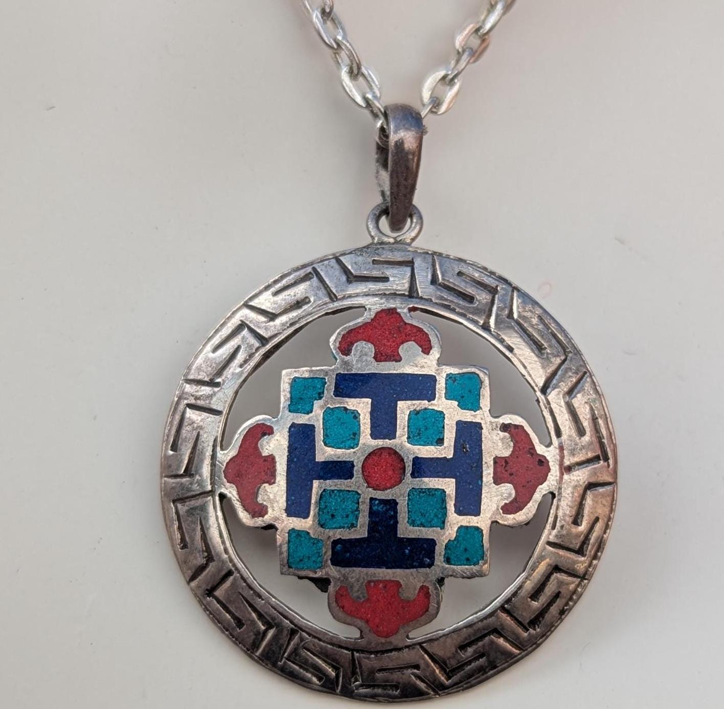 Handmade turquoise and coral silver ethnic Dorjee medallion pendant collection (p7-005)