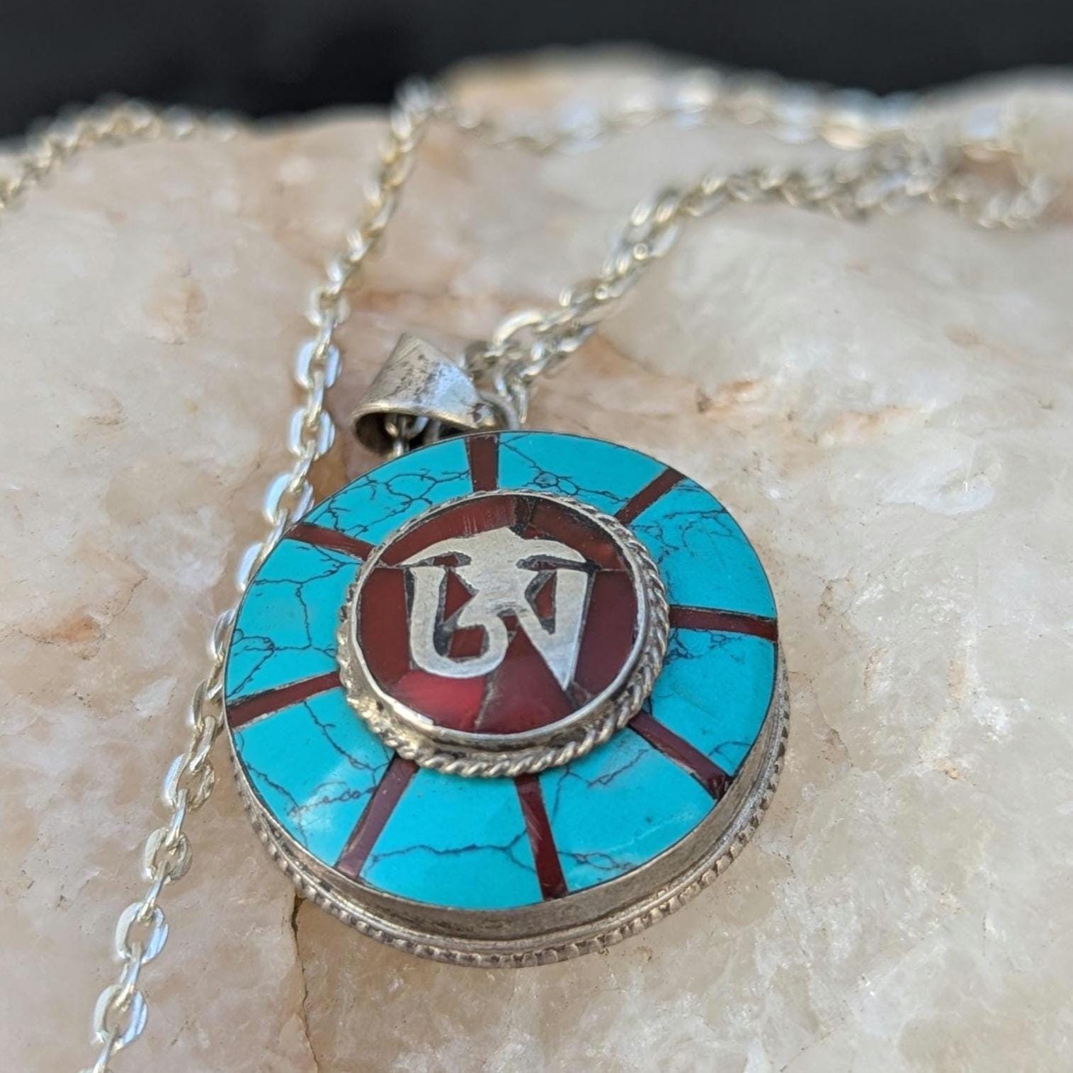 Vintage Turquoise & Coral Silver Pendant: Om Mani Padme Hum Medallion
