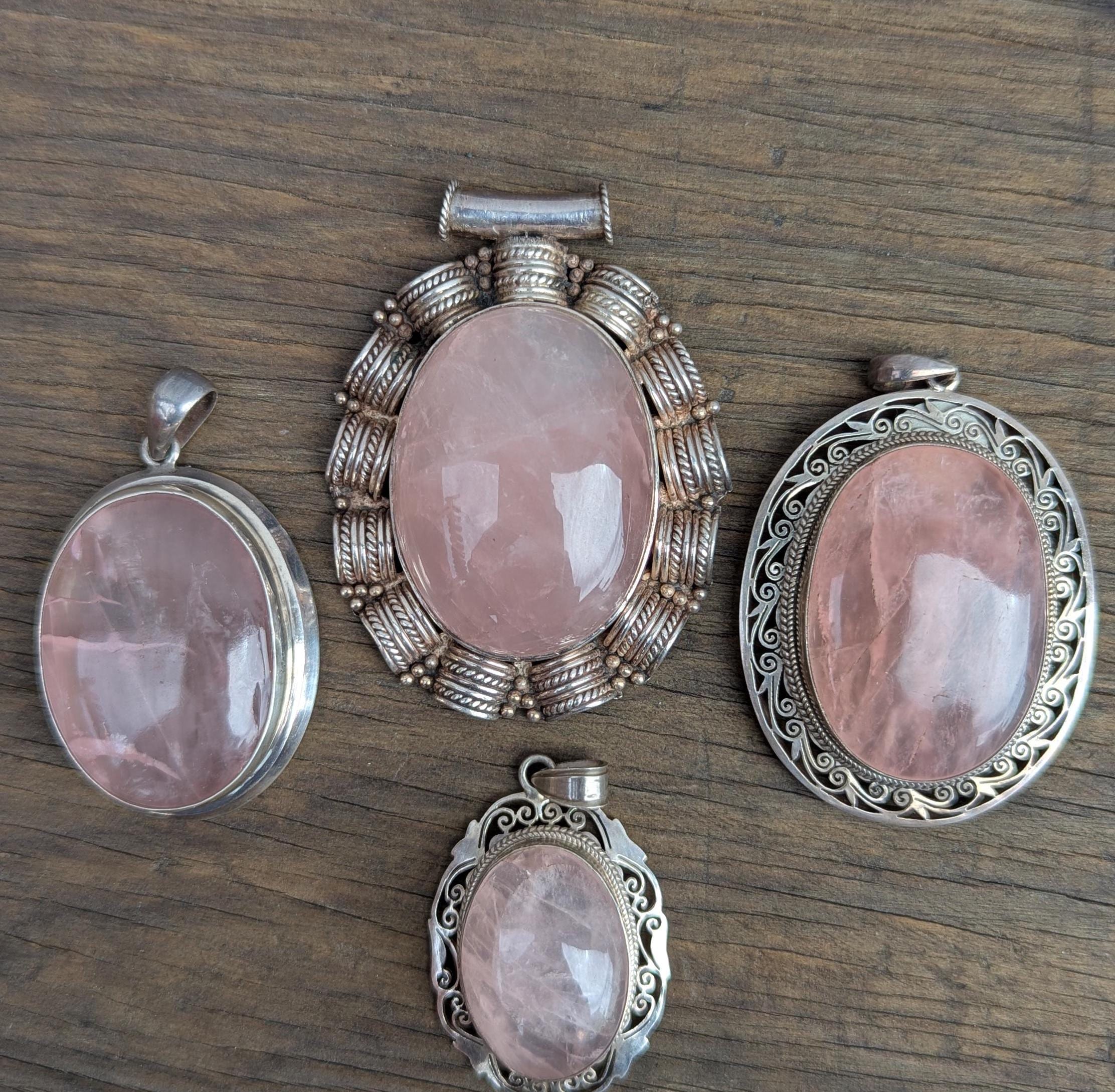 Vintage Handmade Rose Quartz Pendant with sterling silver, for men or women (p7-016)