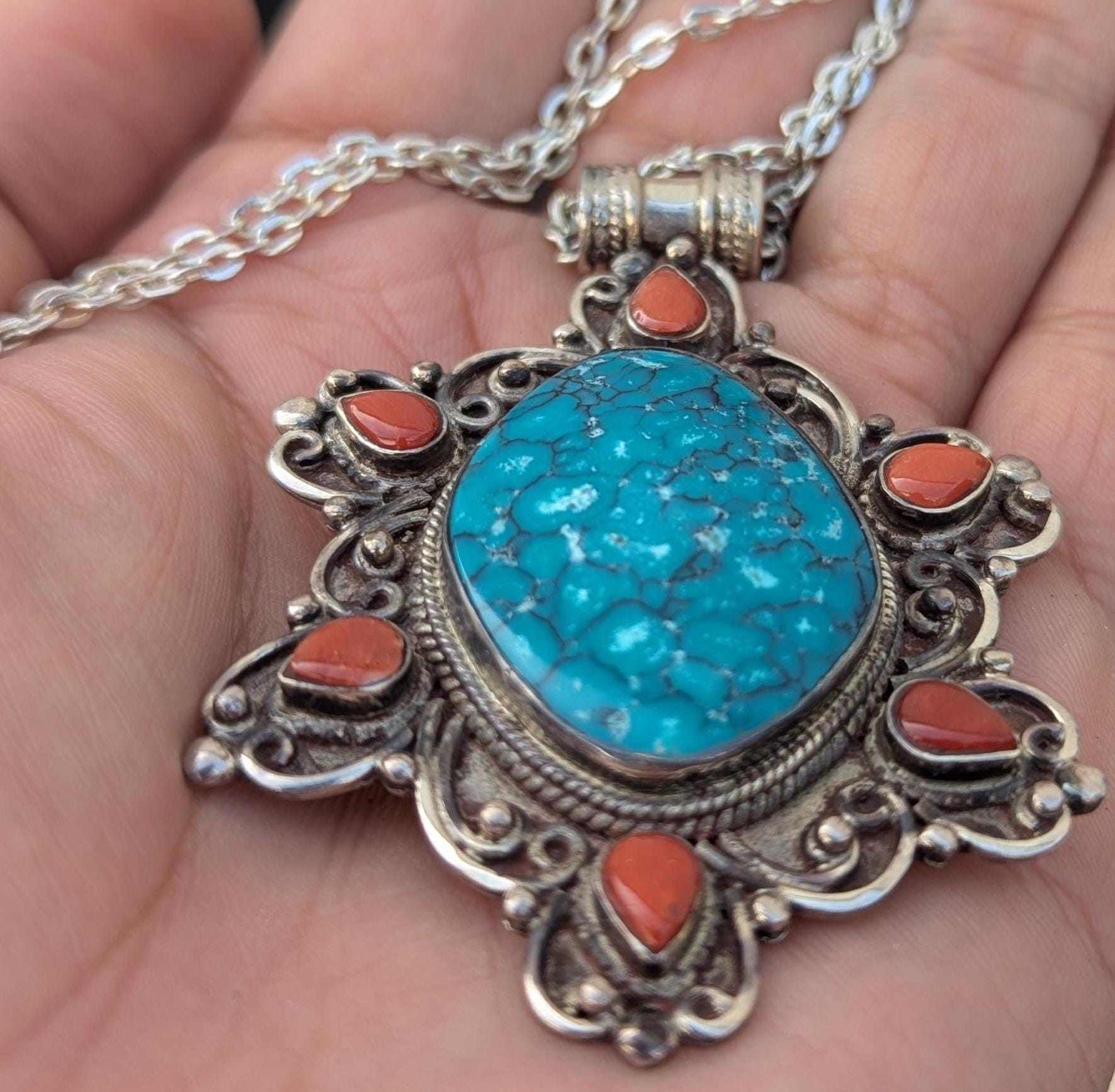 Sterling silver Tibetan medallion pendant collection with Turquoise and Red coral gemstone (p7-019)