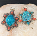 Sterling silver Tibetan medallion pendant collection with Turquoise and Red coral gemstone (p7-019)