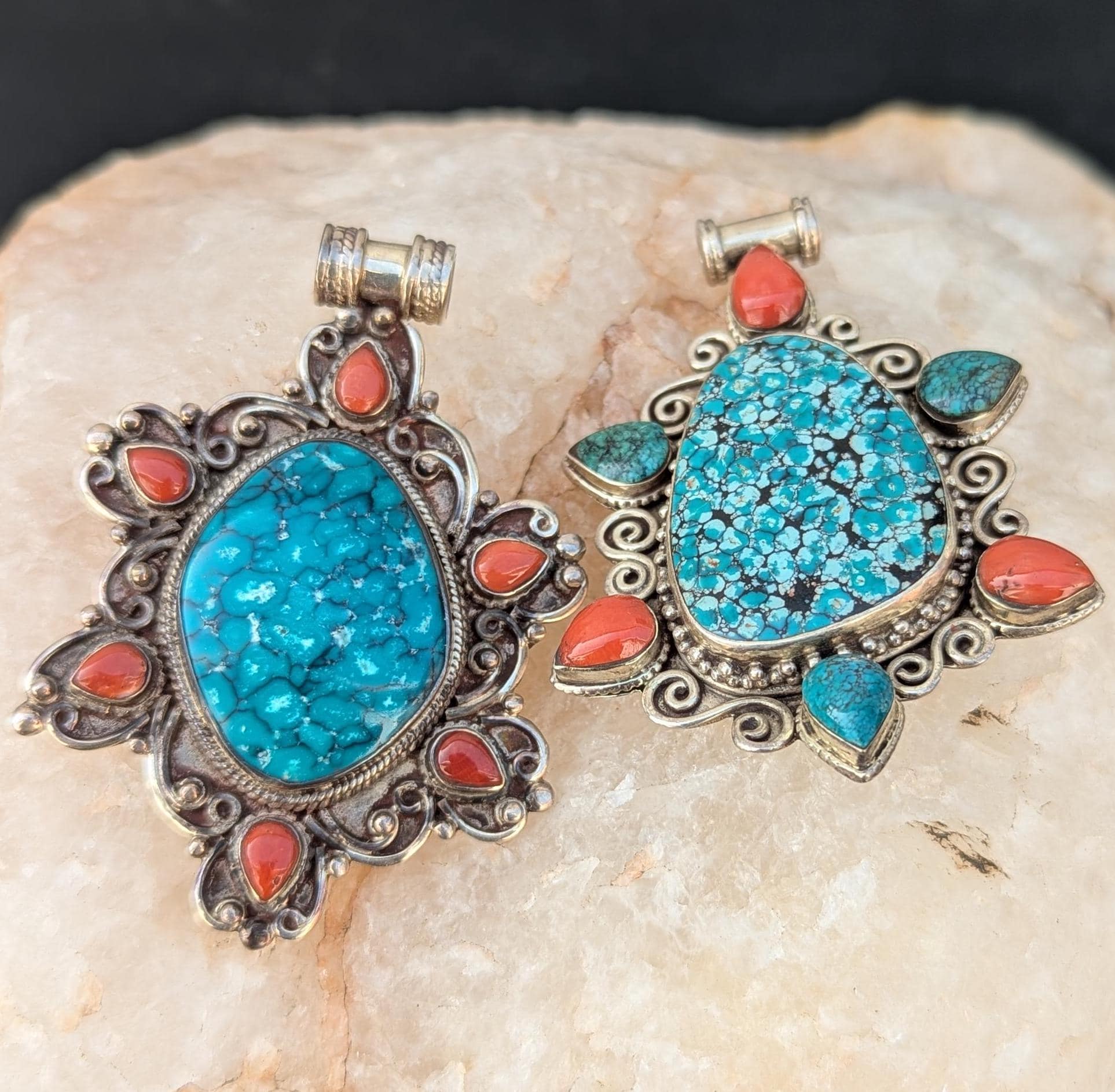 Sterling silver Tibetan medallion pendant collection with Turquoise and Red coral gemstone (p7-019)