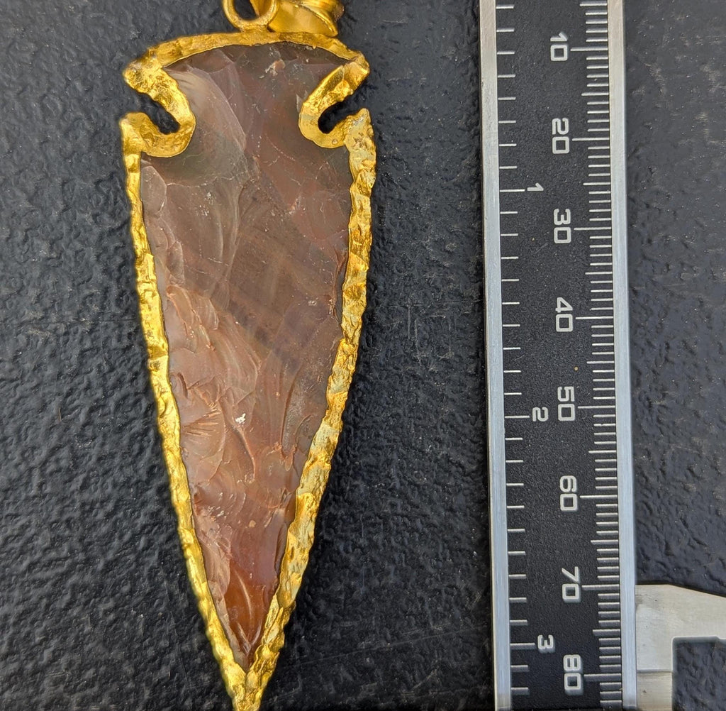 Knapped Stone dark brown Jasper Gold-trimmed Arrowhead pendant (p7-020)