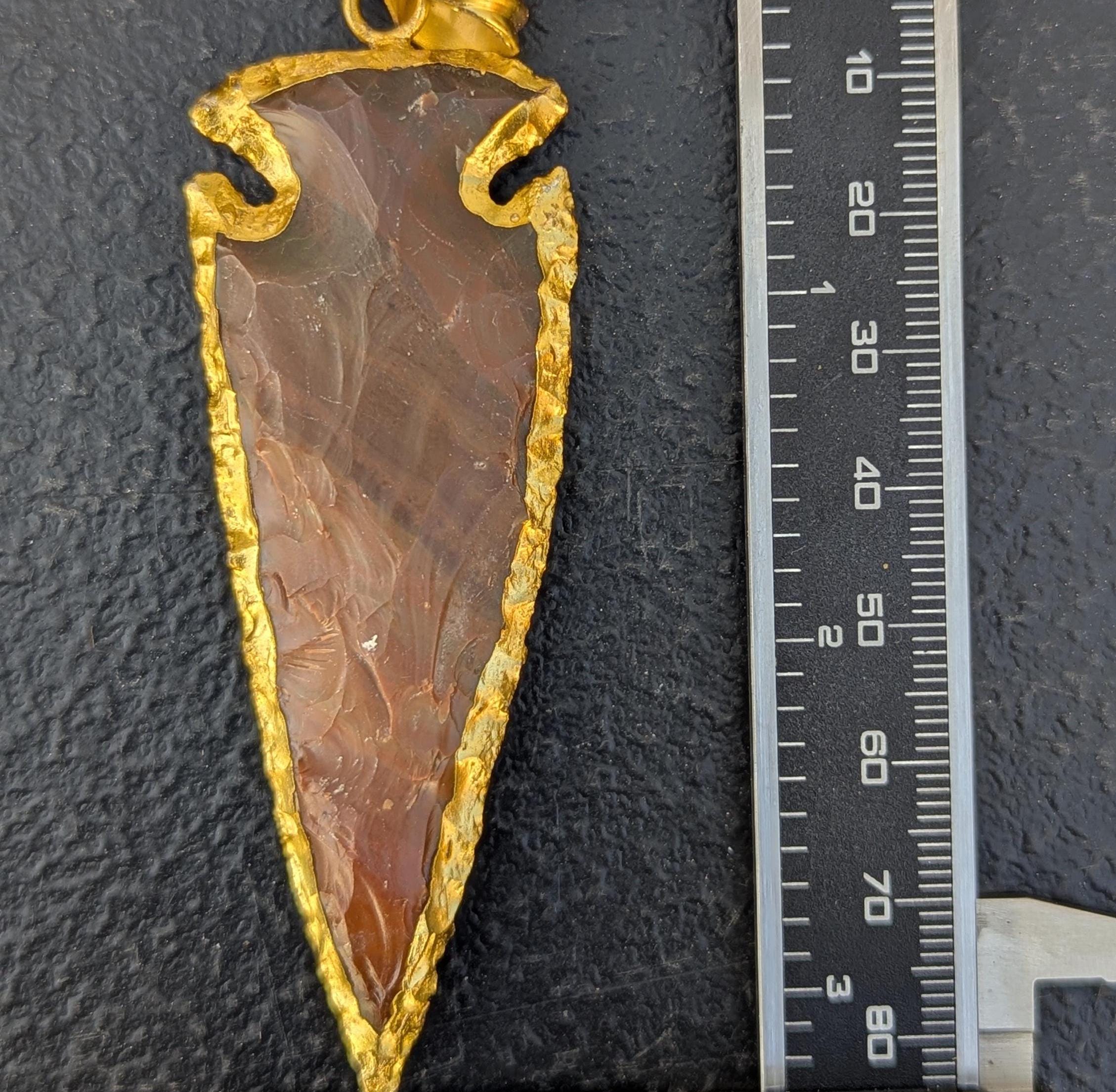 Knapped Stone dark brown Jasper Gold-trimmed Arrowhead pendant (p7-020)