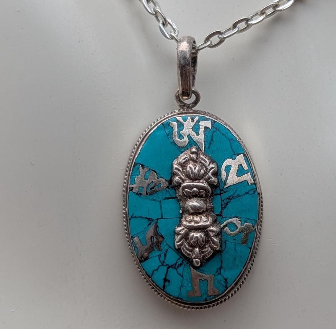 Handmade Sterling Silver Om Mani Padme Hum Pendant: Turquoise, Lapis, Coral