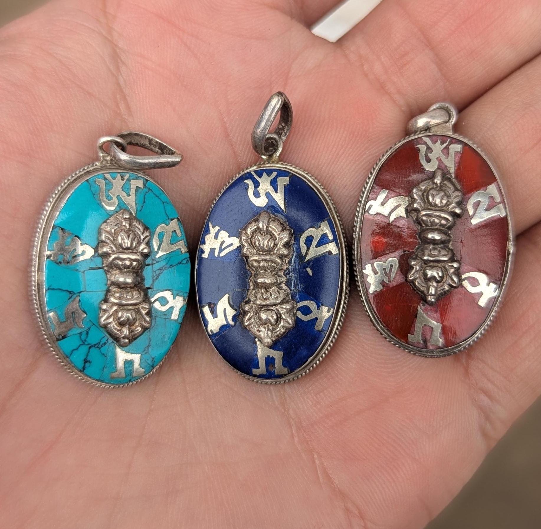 Handmade Sterling Silver Om Mani Padme Hum Pendant: Turquoise, Lapis, Coral