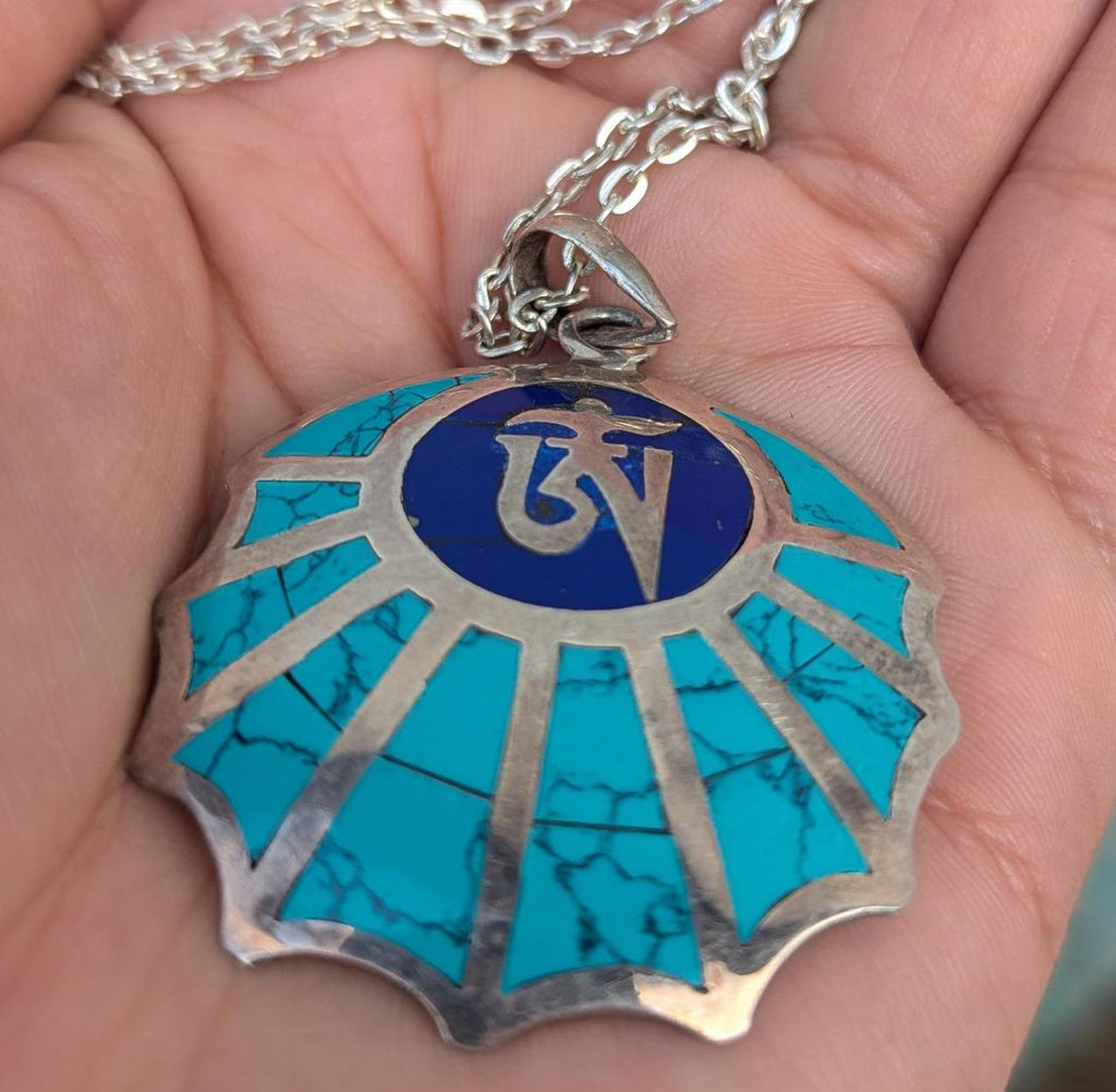 Handmade Sterling Silver Om Mani Padme Hum Medallion Pendant: Turquoise, Lapis, Coral
