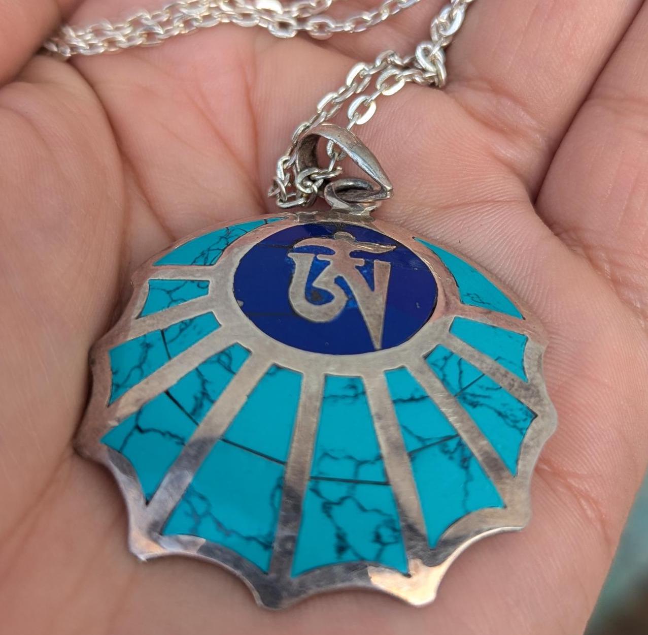 Handmade Sterling Silver Om Mani Padme Hum Medallion Pendant: Turquoise, Lapis, Coral