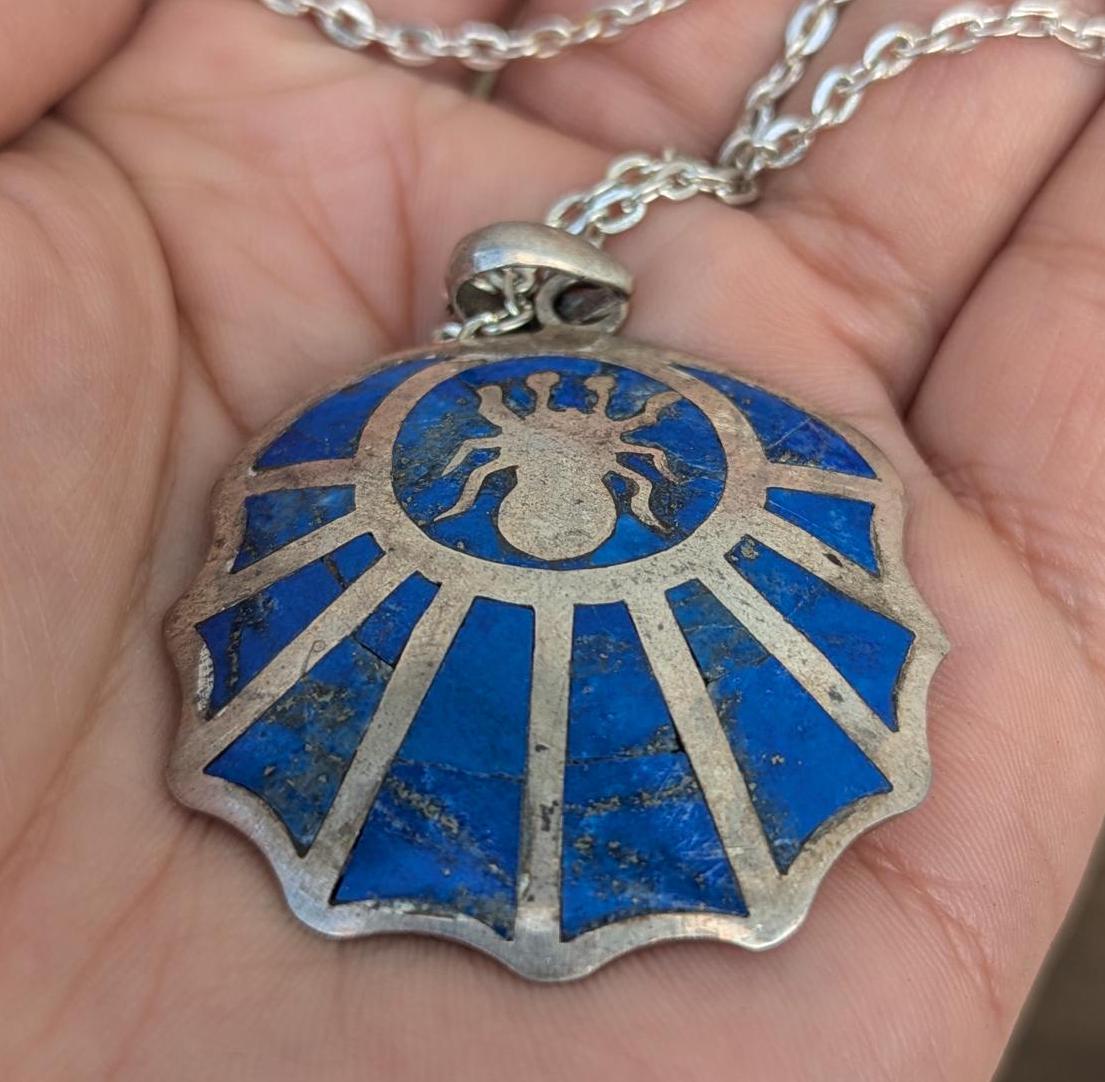 Handmade Sterling Silver Om Mani Padme Hum Medallion Pendant: Turquoise, Lapis, Coral