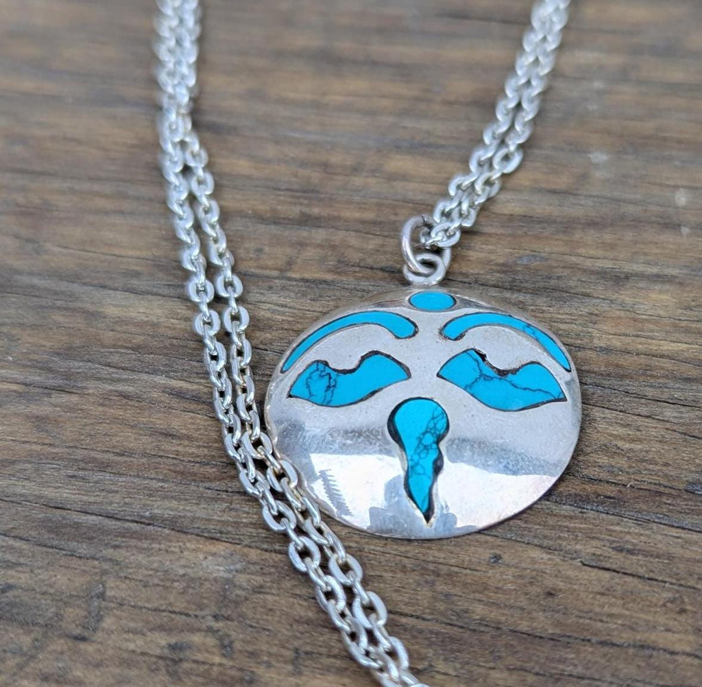 Vintage sterling silver wih turquoise inlaid Buddha Wisdom eyes medallion pendant (p7-035)