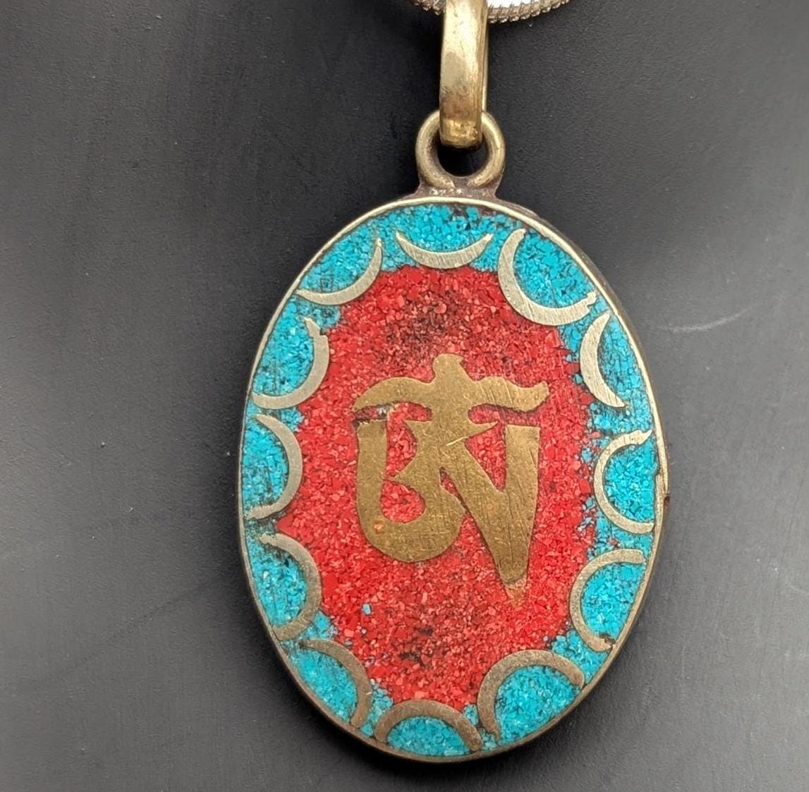 Tibetan handmade OM pendant with turquoise, Coral and Lapis Lazuli inlaid (p7-041)