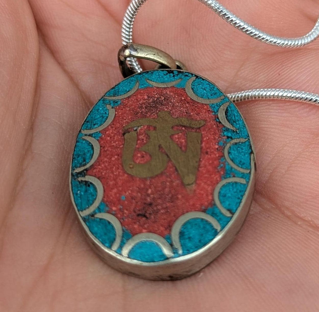 Tibetan handmade OM pendant with turquoise, Coral and Lapis Lazuli inlaid (p7-041)