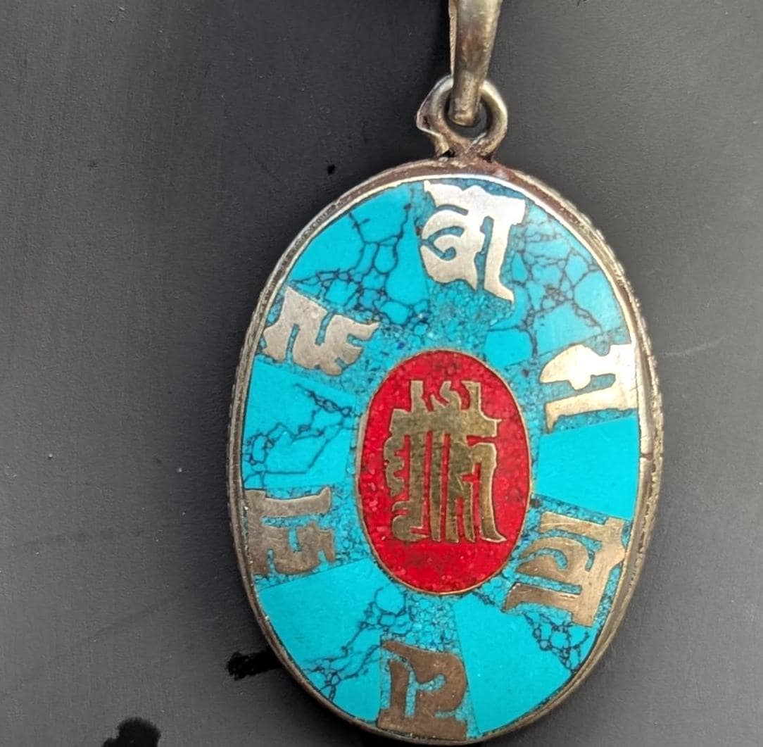 Handmade Tibetan Kalachakra pendant with turquoise, Coral and Lapis Lazuli inlaid (p7-042)