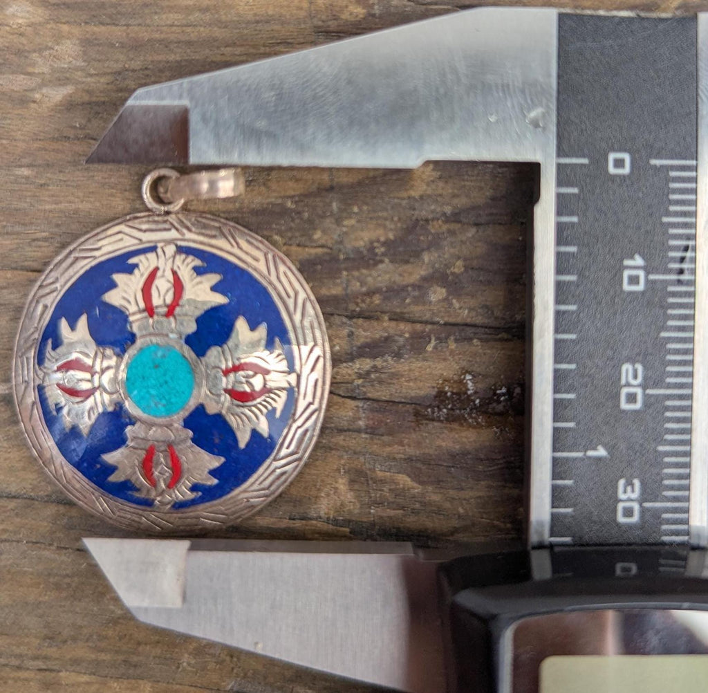 Unique Handmade Tibetan Dorjee pendant with turquoise, Coral and Lapis Lazuli inlaid (p7-043)