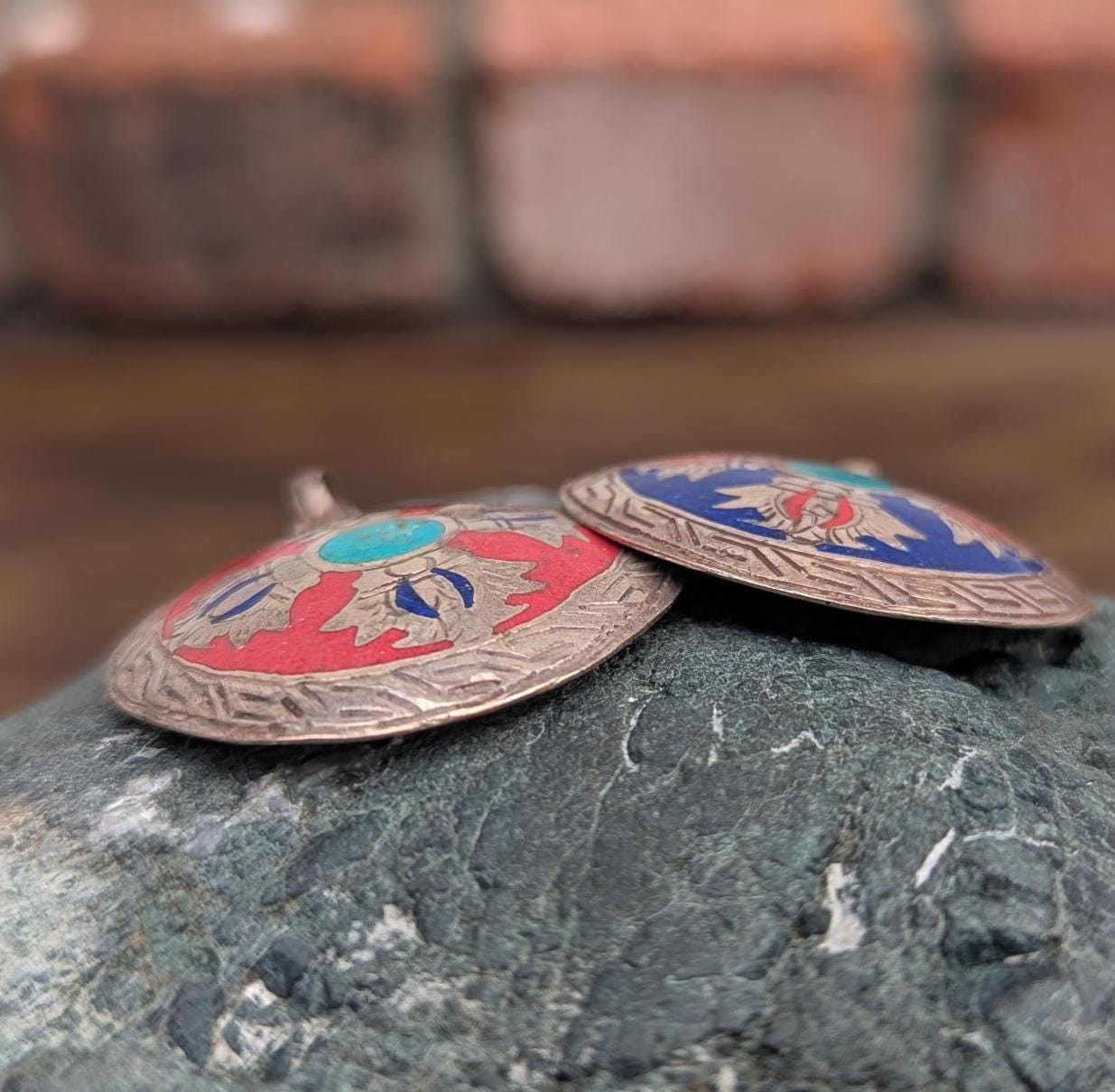 Unique Handmade Tibetan Dorjee pendant with turquoise, Coral and Lapis Lazuli inlaid (p7-043)