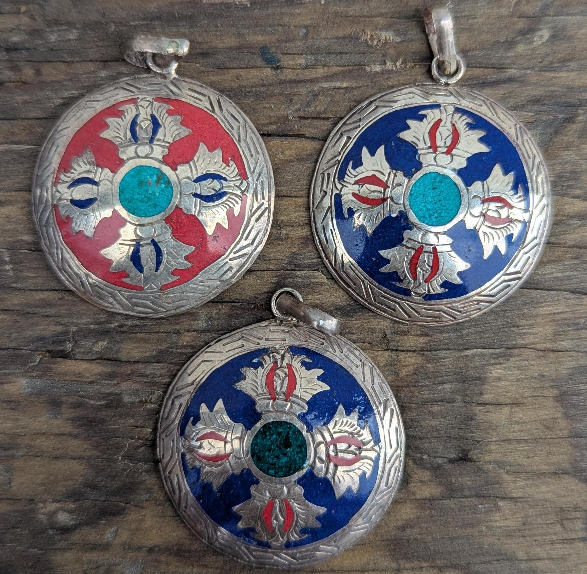 Unique Handmade Tibetan Dorjee pendant with turquoise, Coral and Lapis Lazuli inlaid (p7-043)